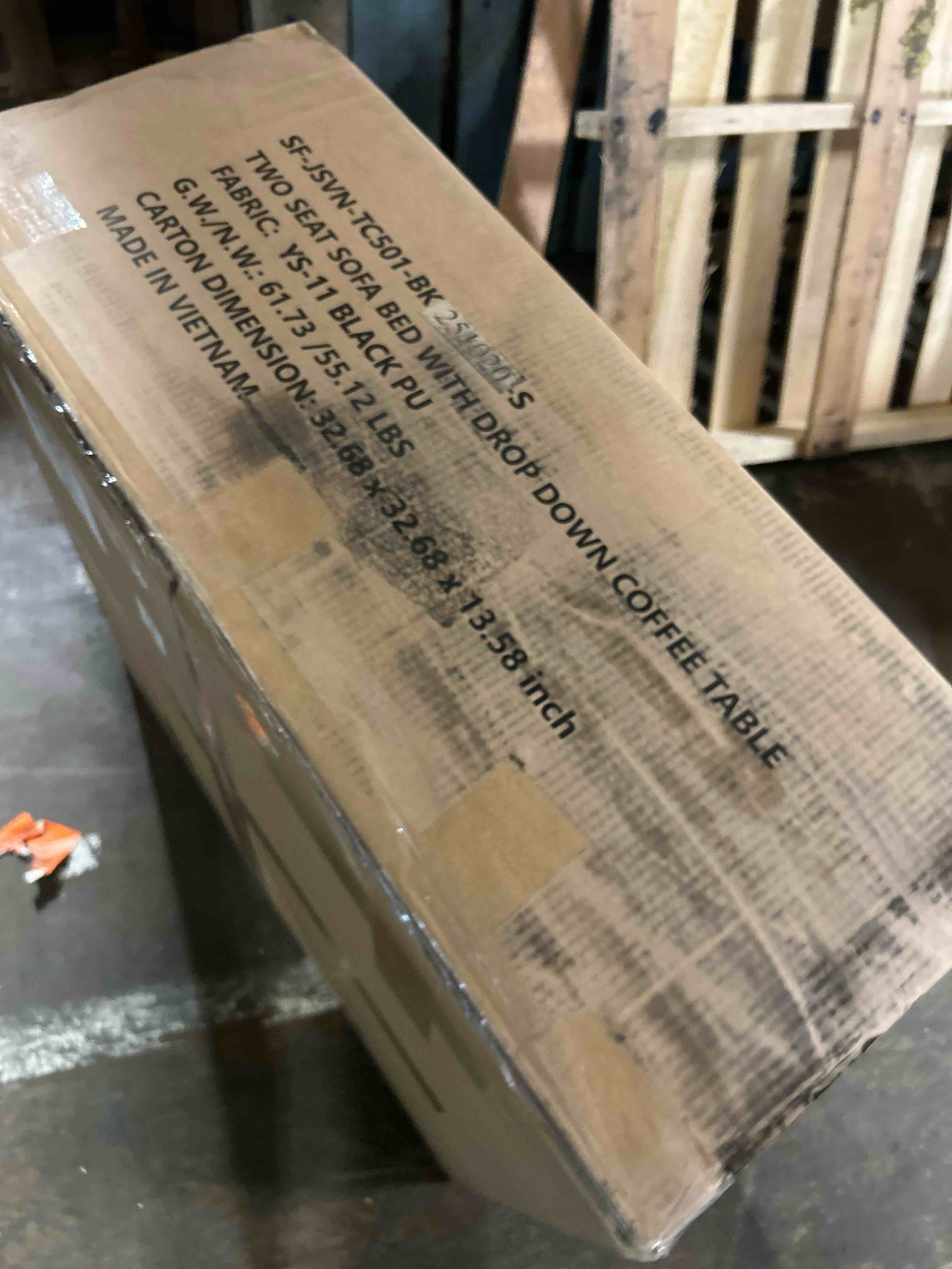 Condition photo showing As Is for two seat sofa bed with drop down coffee table(incomplete)