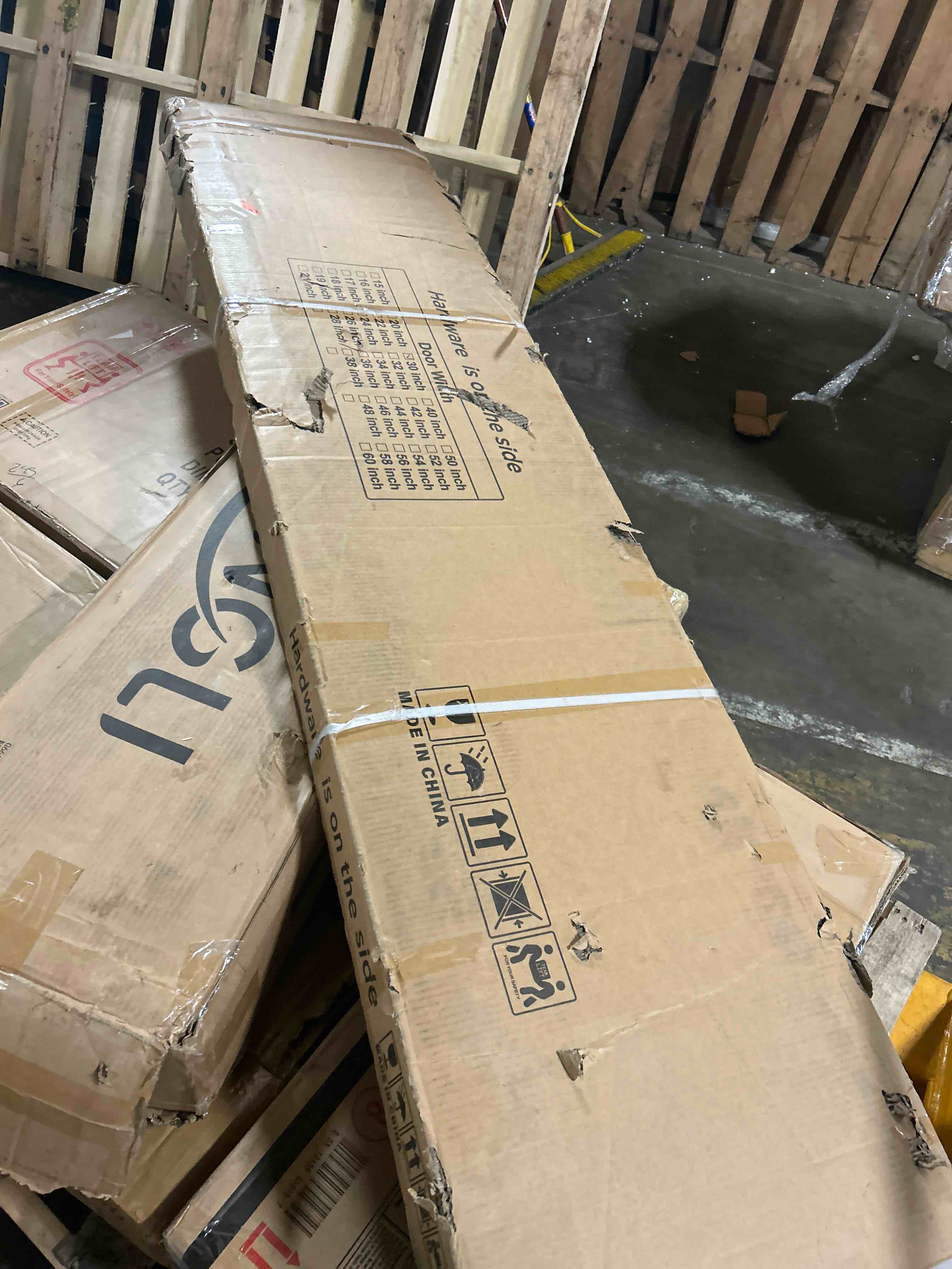 Condition photo showing As Is for 36"x80" 5-panel white primed hollow core interior molded door slab, w/o hardware or borehole, interior door for pantry doors,bedroom doors, laundry room, closet panel, french style(no hardware included and assembly required)