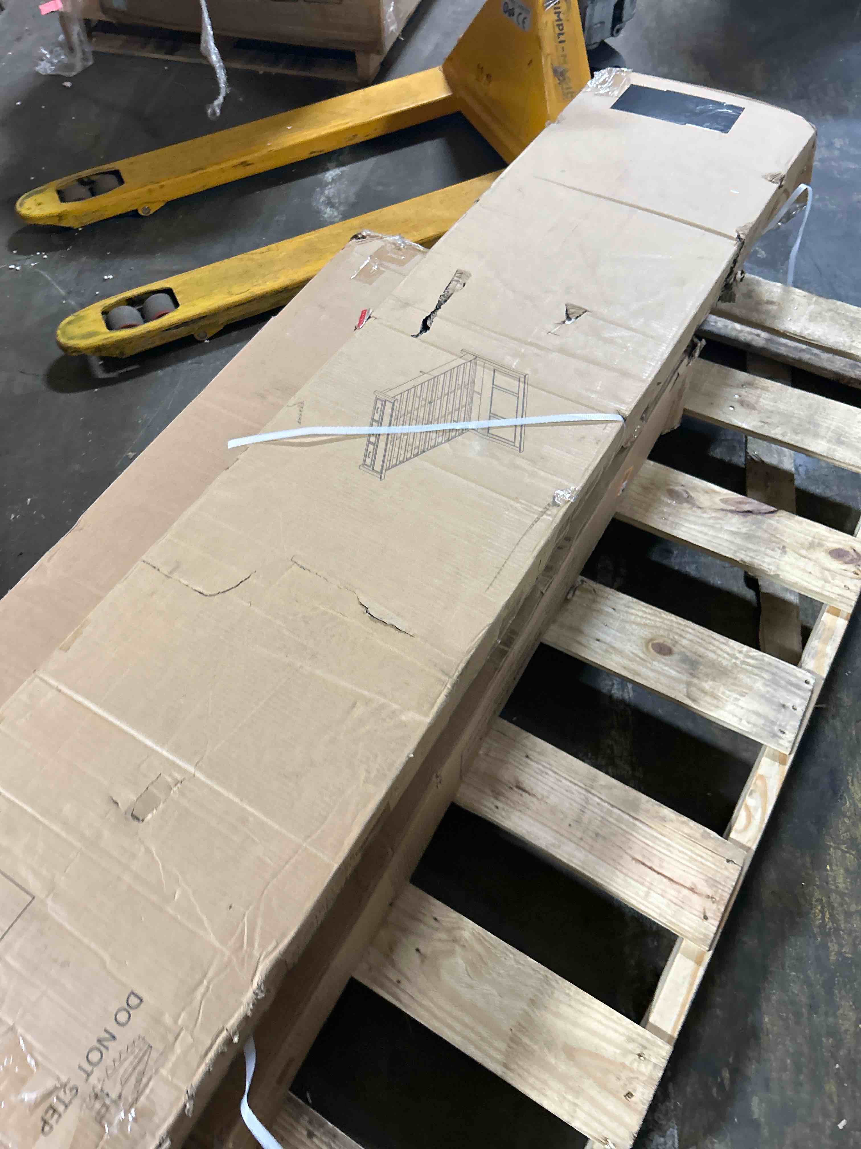 Condition photo showing As Is for enhomee queen bed frame with 4 storage drawers, bed frame queen size with headboard, queen bed with led lights & charging ports,no box spring needed,no noise,wooden, brown(box 1 of 2 only)