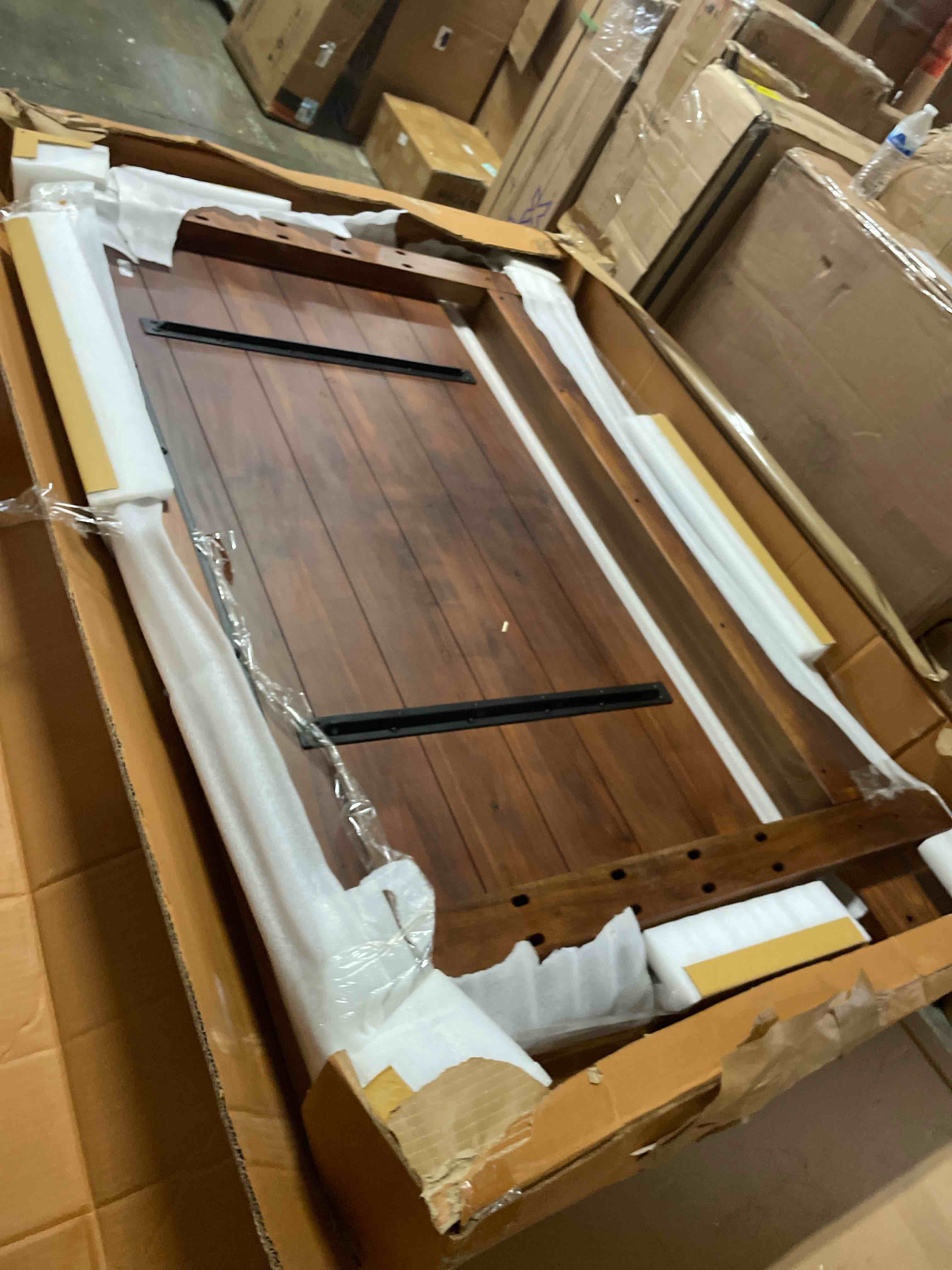 Condition photo showing New/Like New for t4tream farmhouse brown full size platform bed frame with headboard and 3 barn door storage cabinets, no box spring needed, mattress not includedheadboard only 