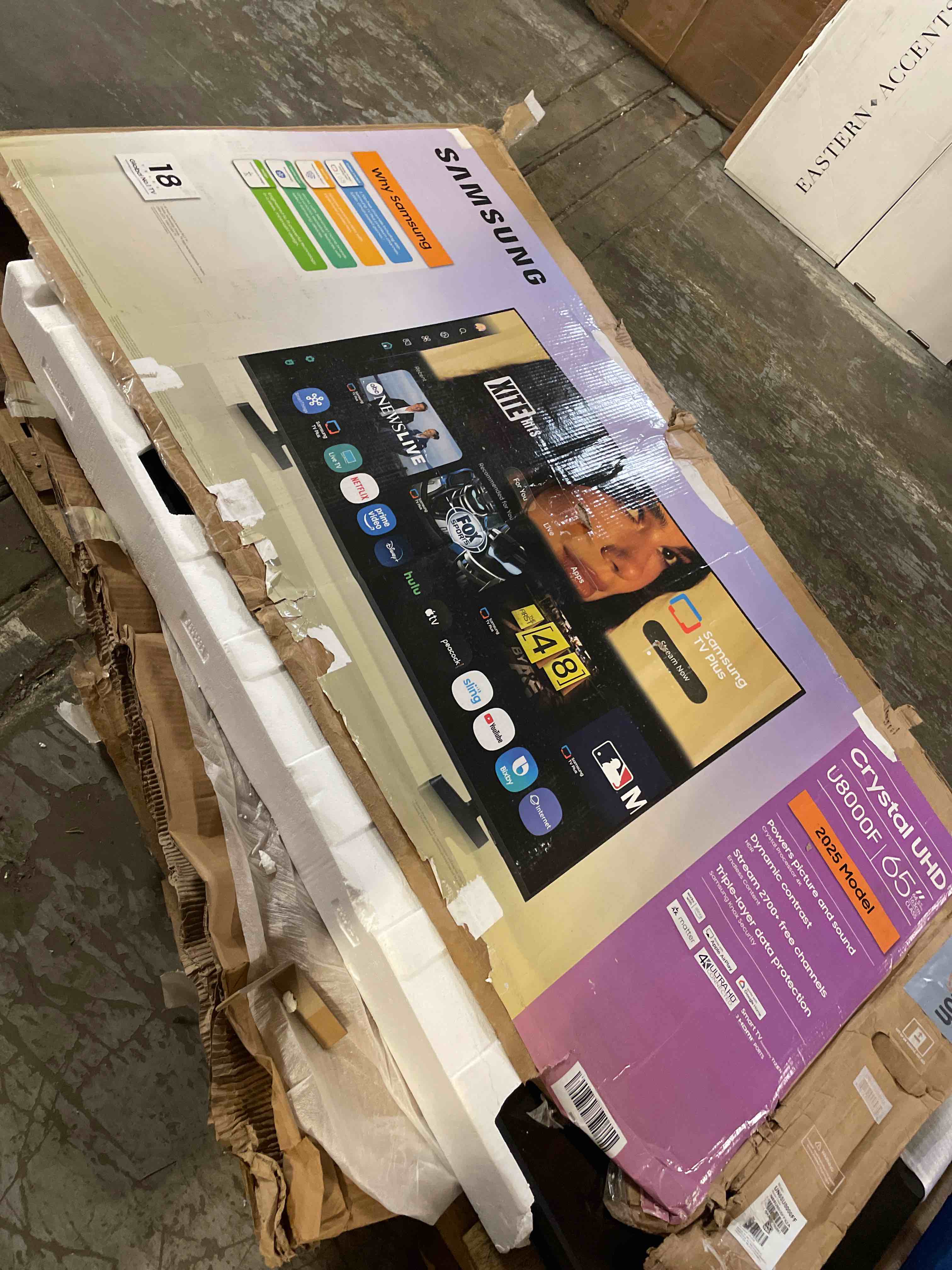 Condition photo showing As Is for samsung 65-inch class crystal uhd u8000f 4k smart tv (2025 model) endless free content, crystal processor 4k, metalstream design, knox security, alexa built-in