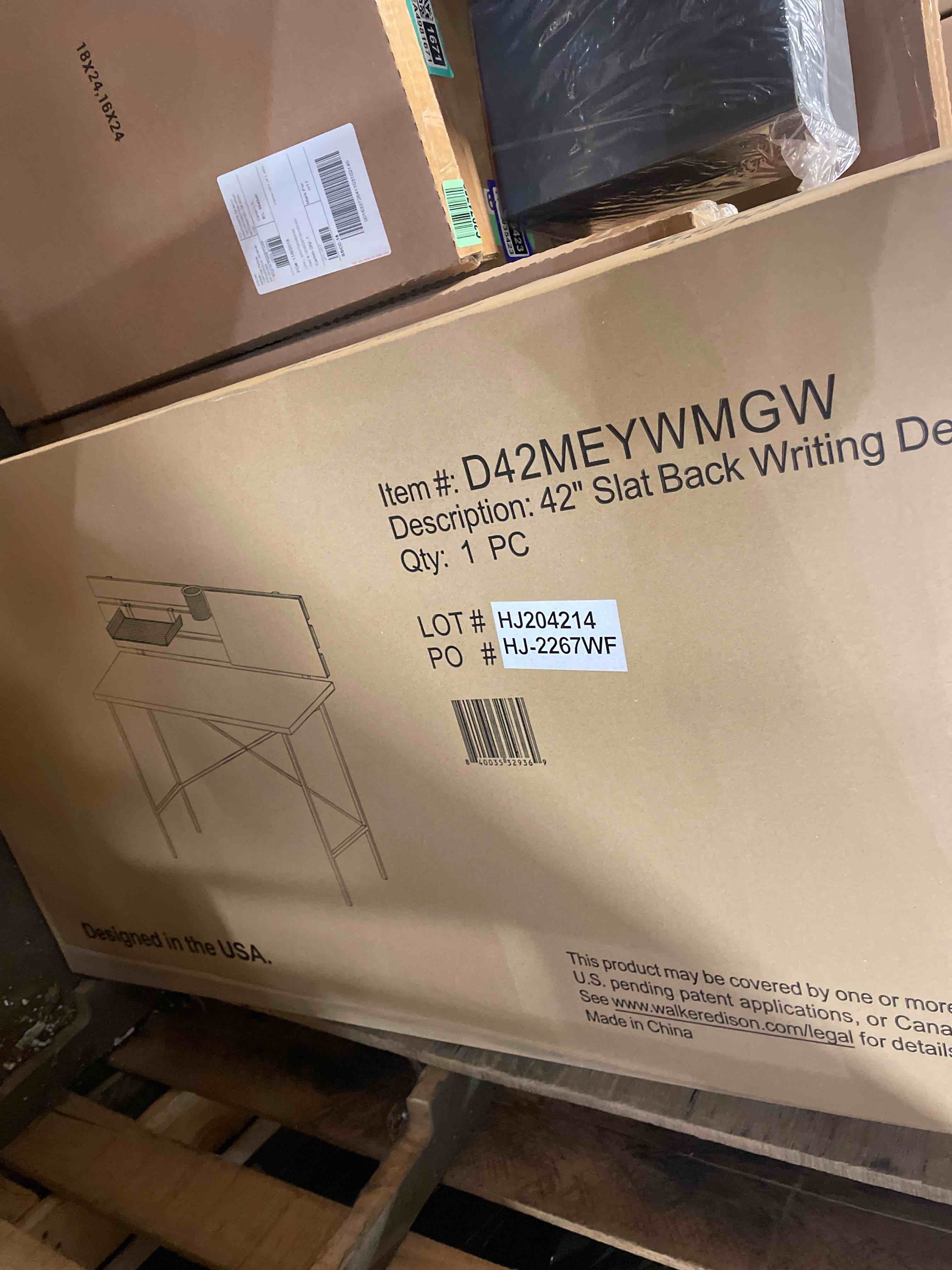 Condition photo showing New/Like New for 42  modern slat back adjustable storage writing desk - grey wash