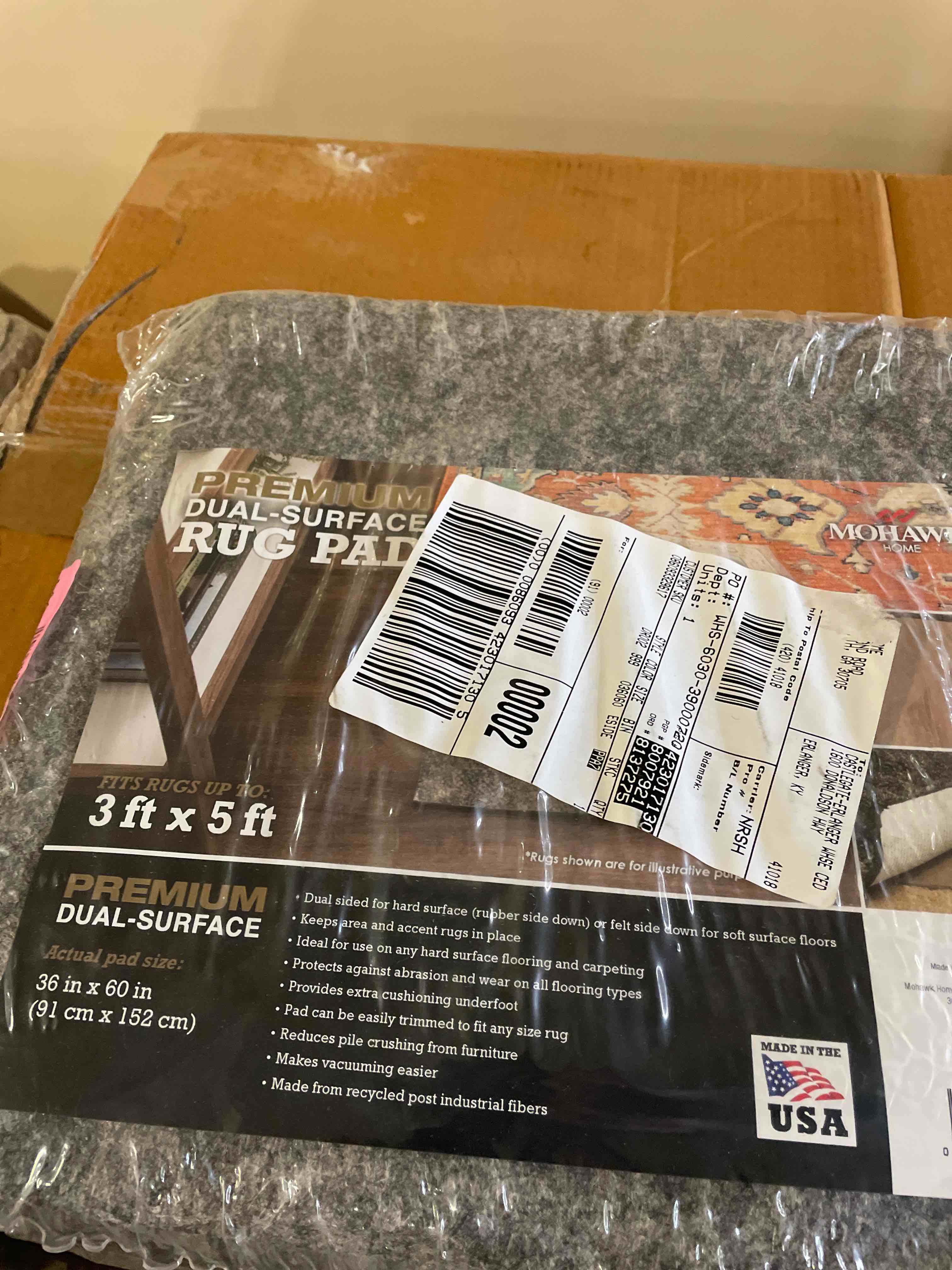 Condition photo showing New/Like New for mohawk home 3' x 5' non slip rug pad gripper 1/4 thick dual surface felt + rubber gripper - safe for all floors 1/4 inch dual surface rug pad 3' x 5' (rectangular)