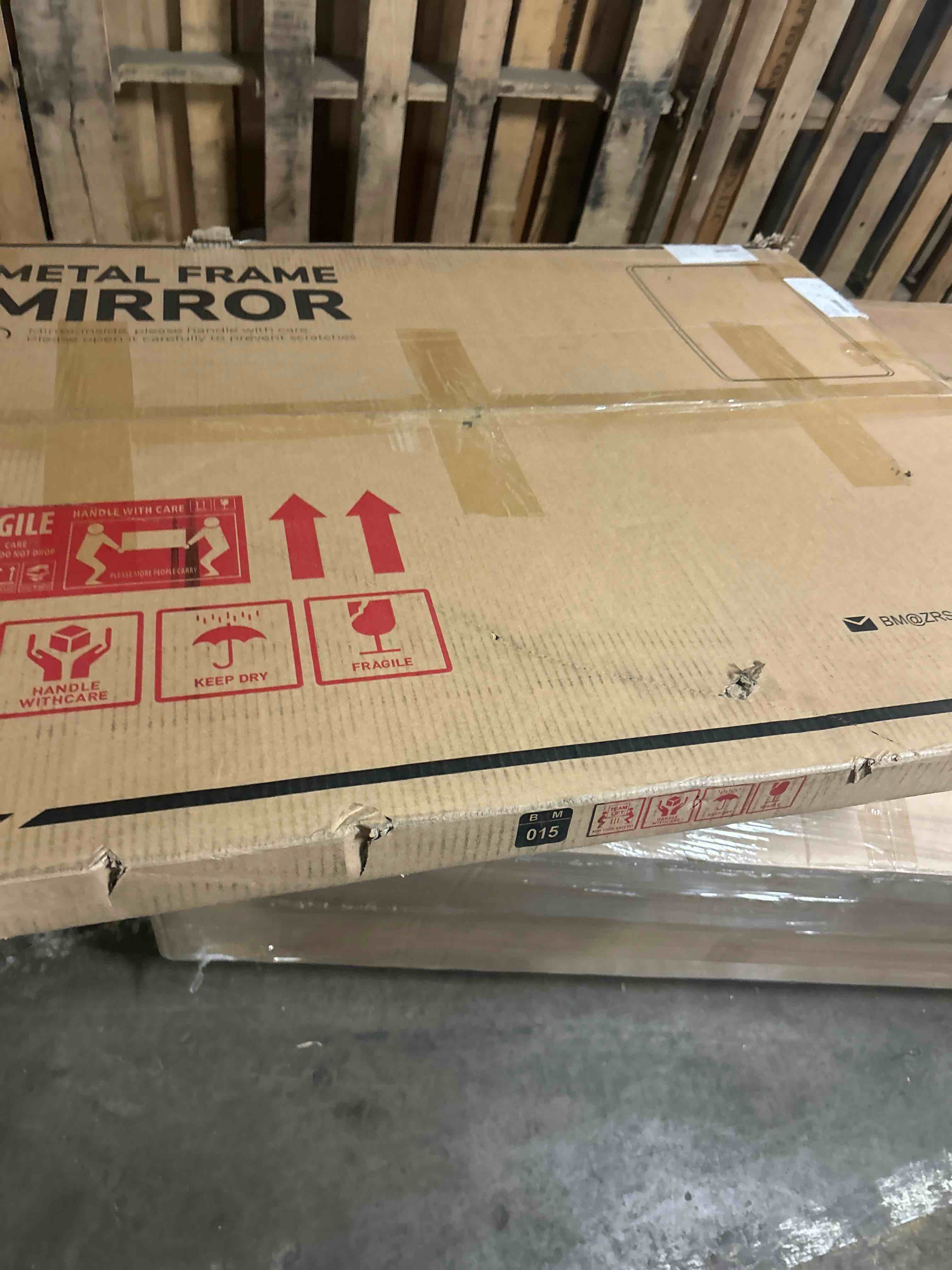 Condition photo showing New/Like New for loaao 32x36 inch black metal framed bathroom mirror for wall, matte black bathroom vanity mirror farmhouse, large rounded rectangle mirror, anti-rust, tempered glass, hangs horizontally or vertically black 32"l x 36"w