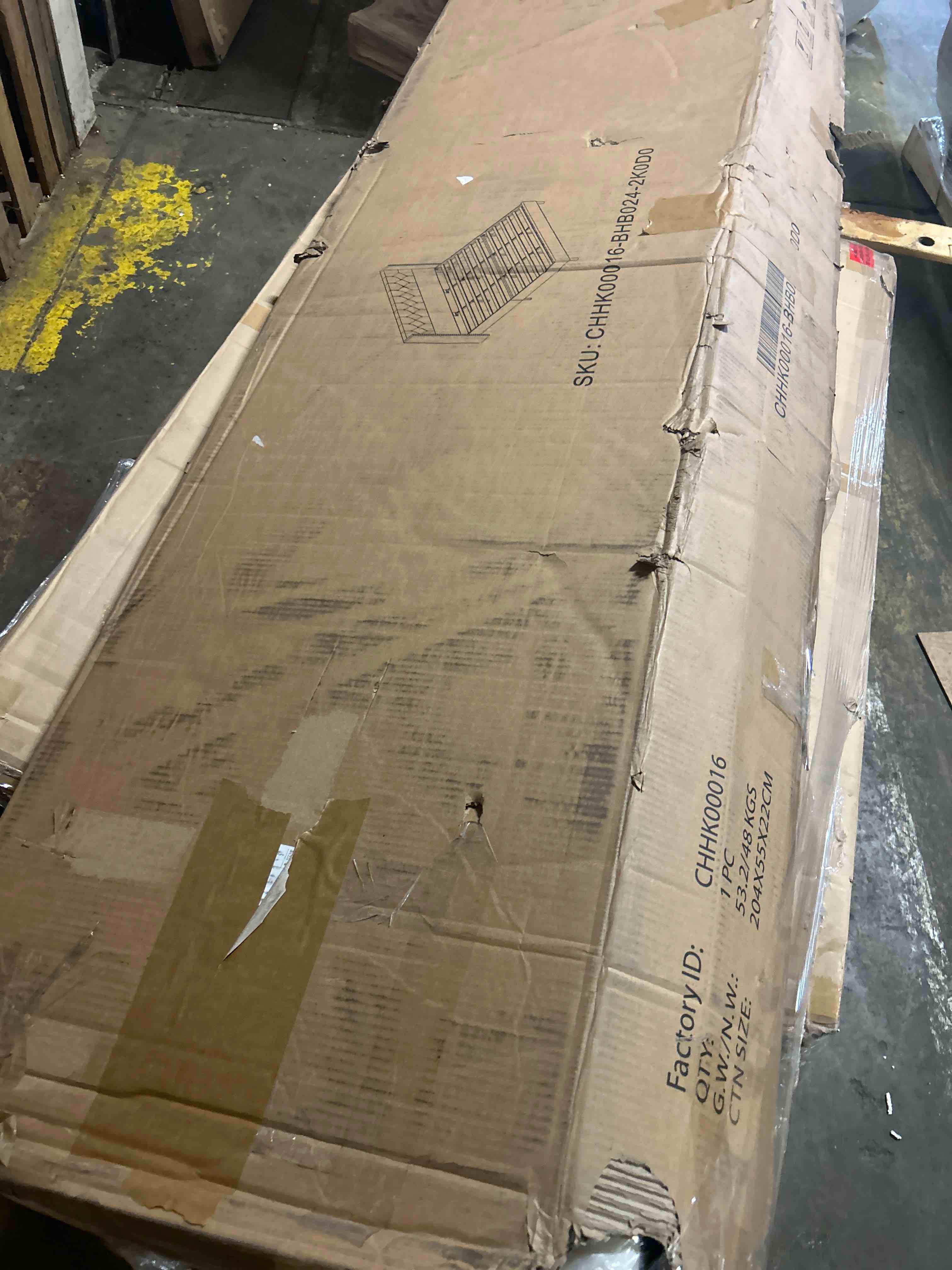 Condition photo showing As Is for sha cerlin queen size bed frame with button tufted headboard, faux leather upholstered mattress foundation, platform bed frame, wooden slat support, no box spring needed, white