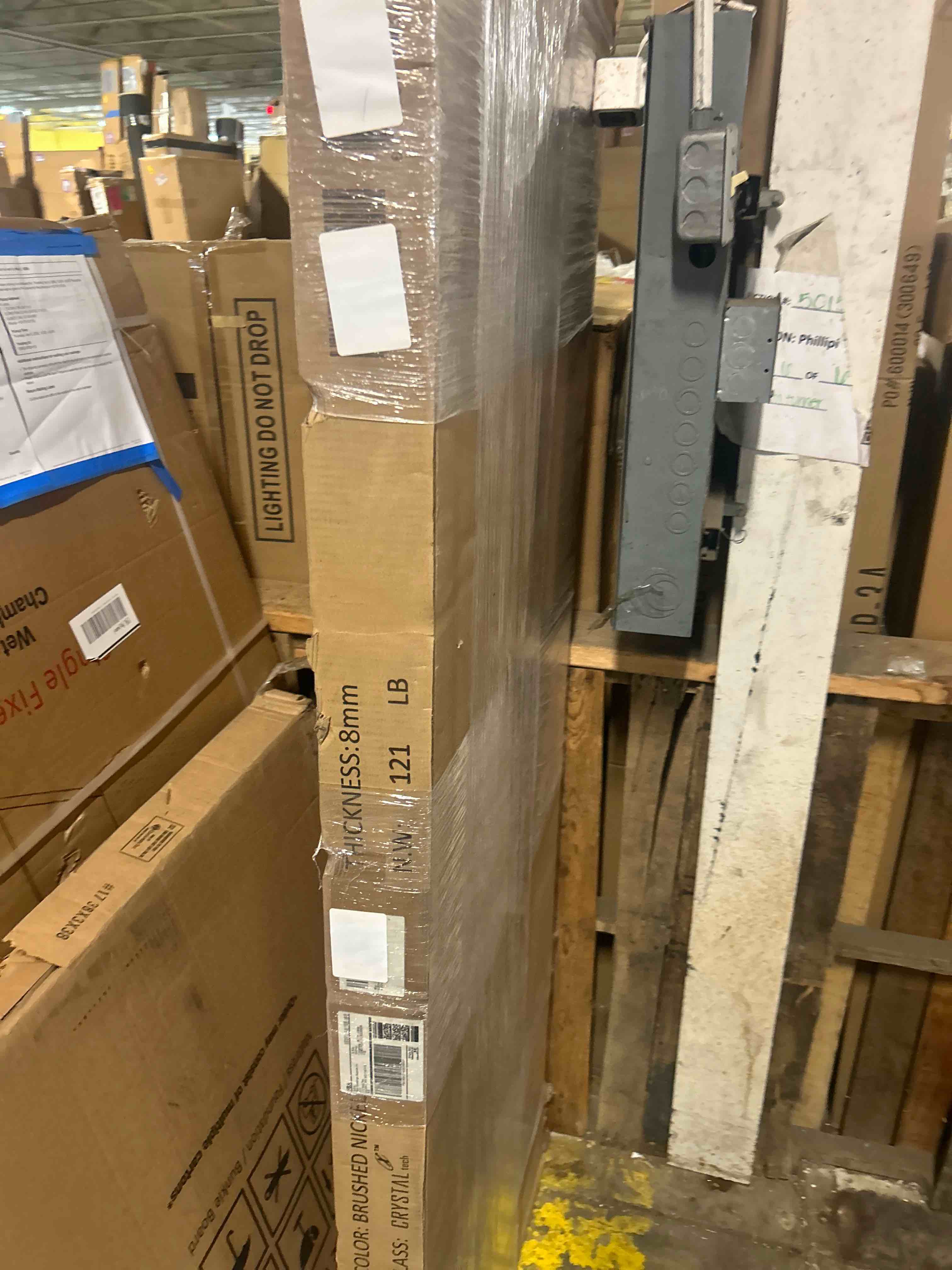 Condition photo showing New/Like New for milano double sliding shower door, 48 in.w x 74 in.h framed shower door 5/16"(8mm) clear tempered glass, 18 inch pull handle, stainless steel hardware, brushed nickel finished brushed nickel 48×74 inch