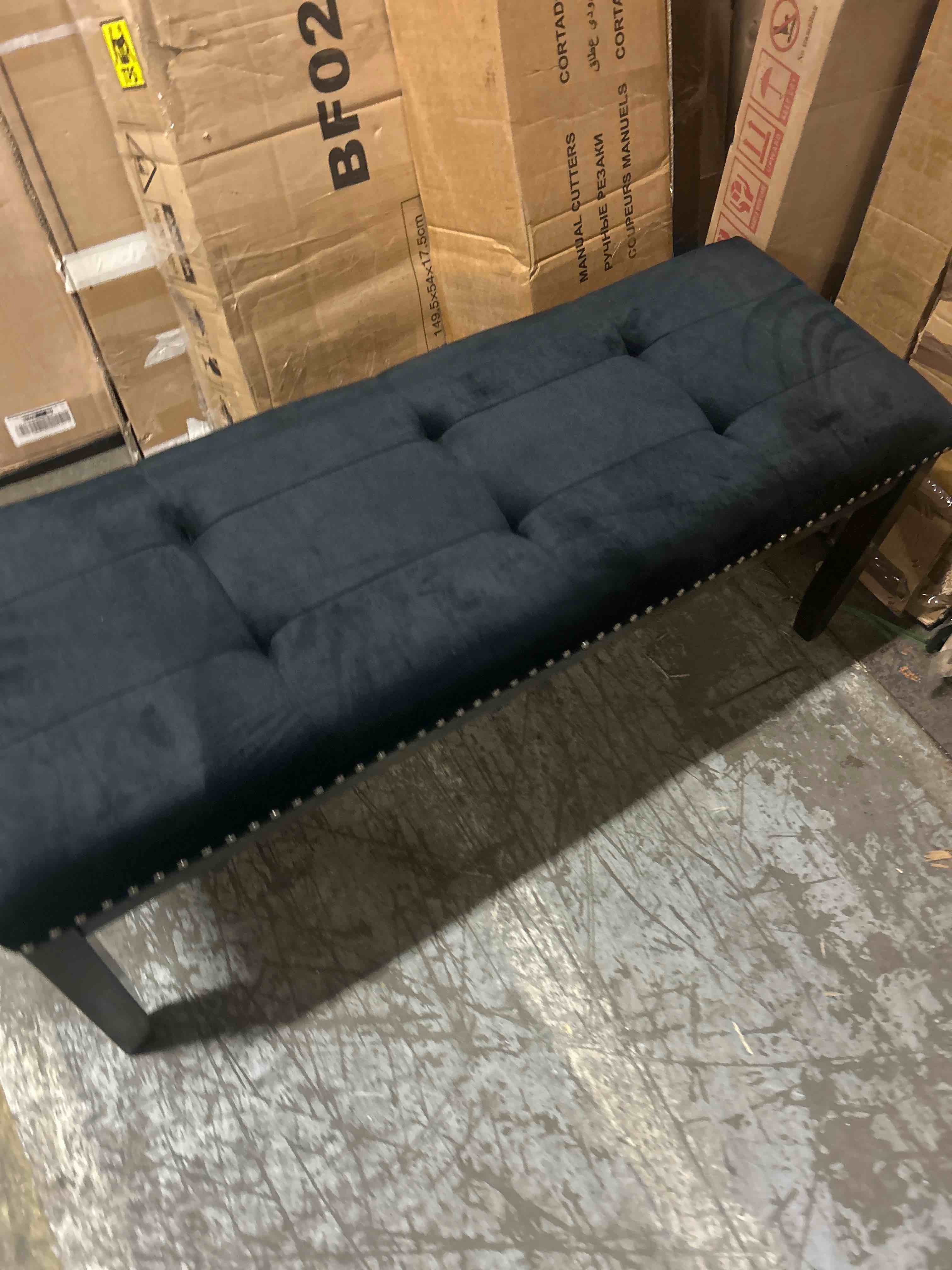 Condition photo showing New/Like New for kcc button-tufted ottoman bench, upholstered bedroom benches velvet footrest stool accent bench for entryway dining room living room bedroom end of bed, black