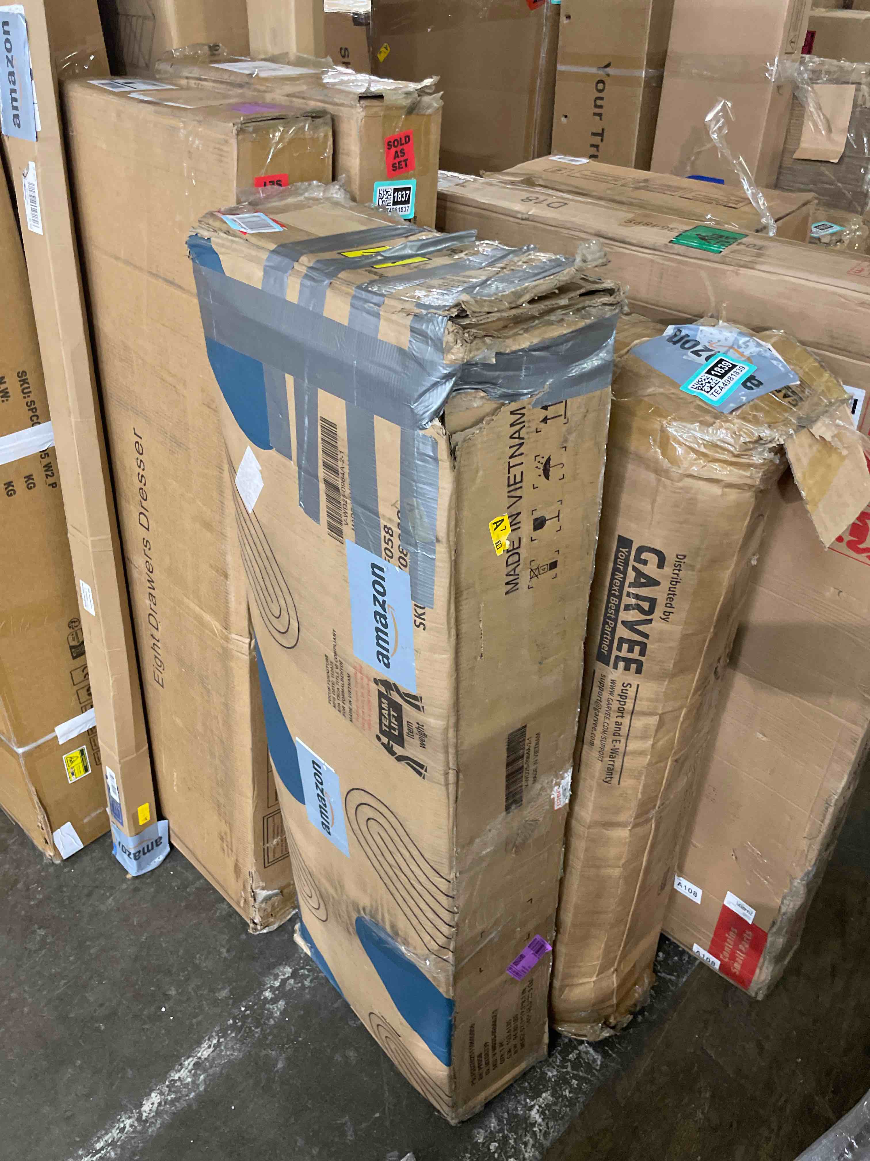 Condition photo showing As Is for 6 drawer dresser with led lights & open storage shelf, white dresser chest of drawers for bedroom (incomplete box 2 missing box 1)