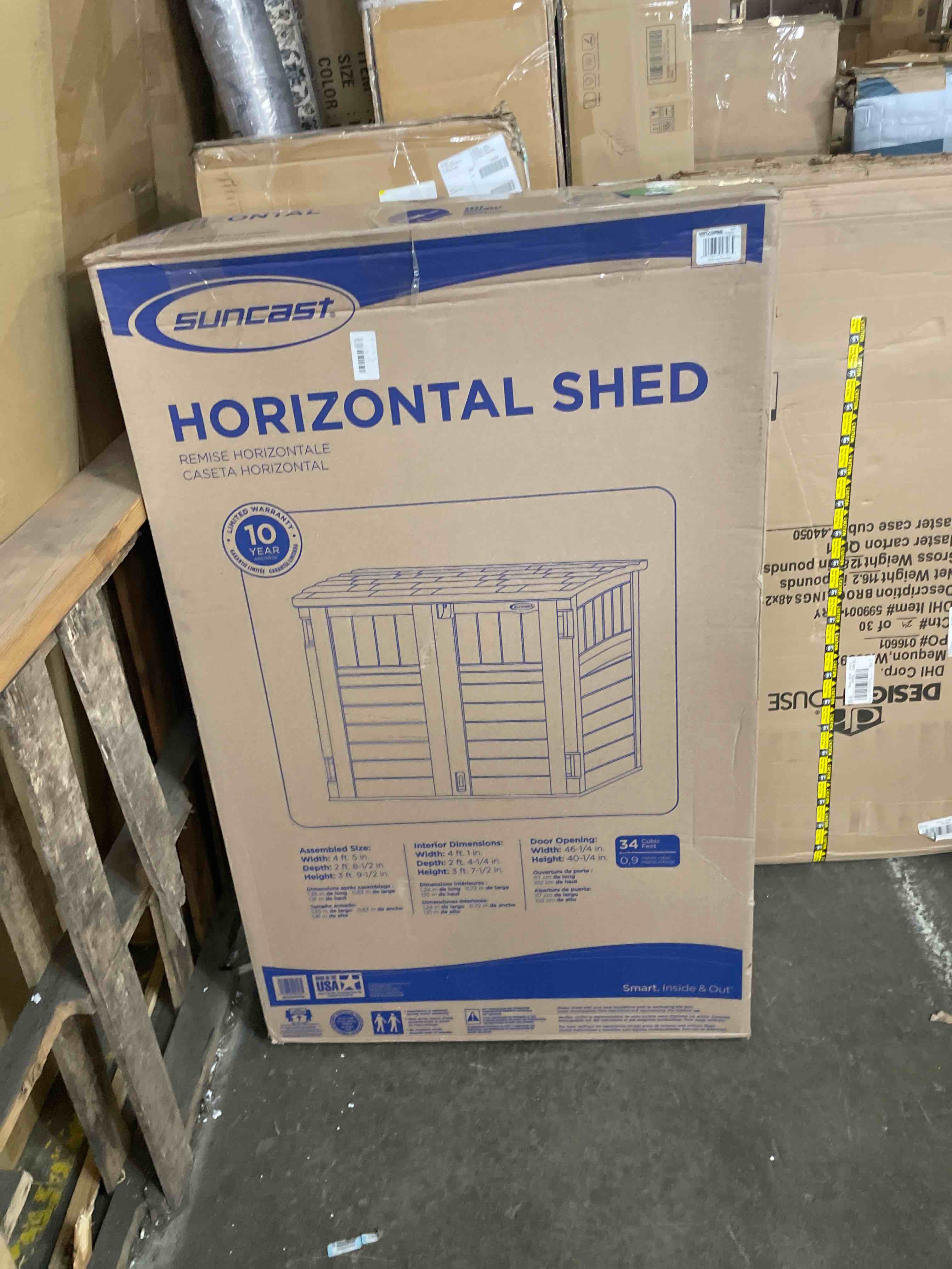 Condition photo showing New/Like New for suncast modernist horizontal low-profile storage shed  gray  3 doors  4 x2.5   covers 34 cubic feet