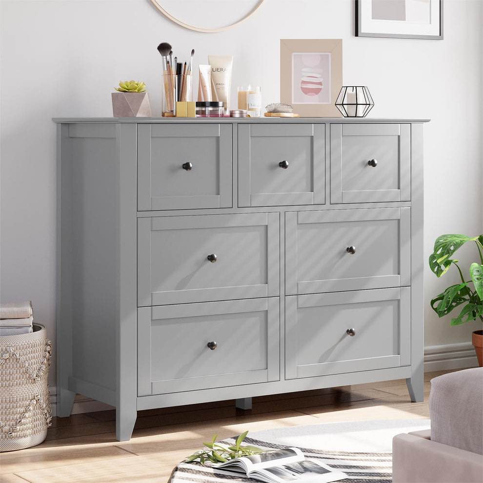 garvee 7 chest of drawer dresser, modern and stylish dresser, deep drawers and nickel