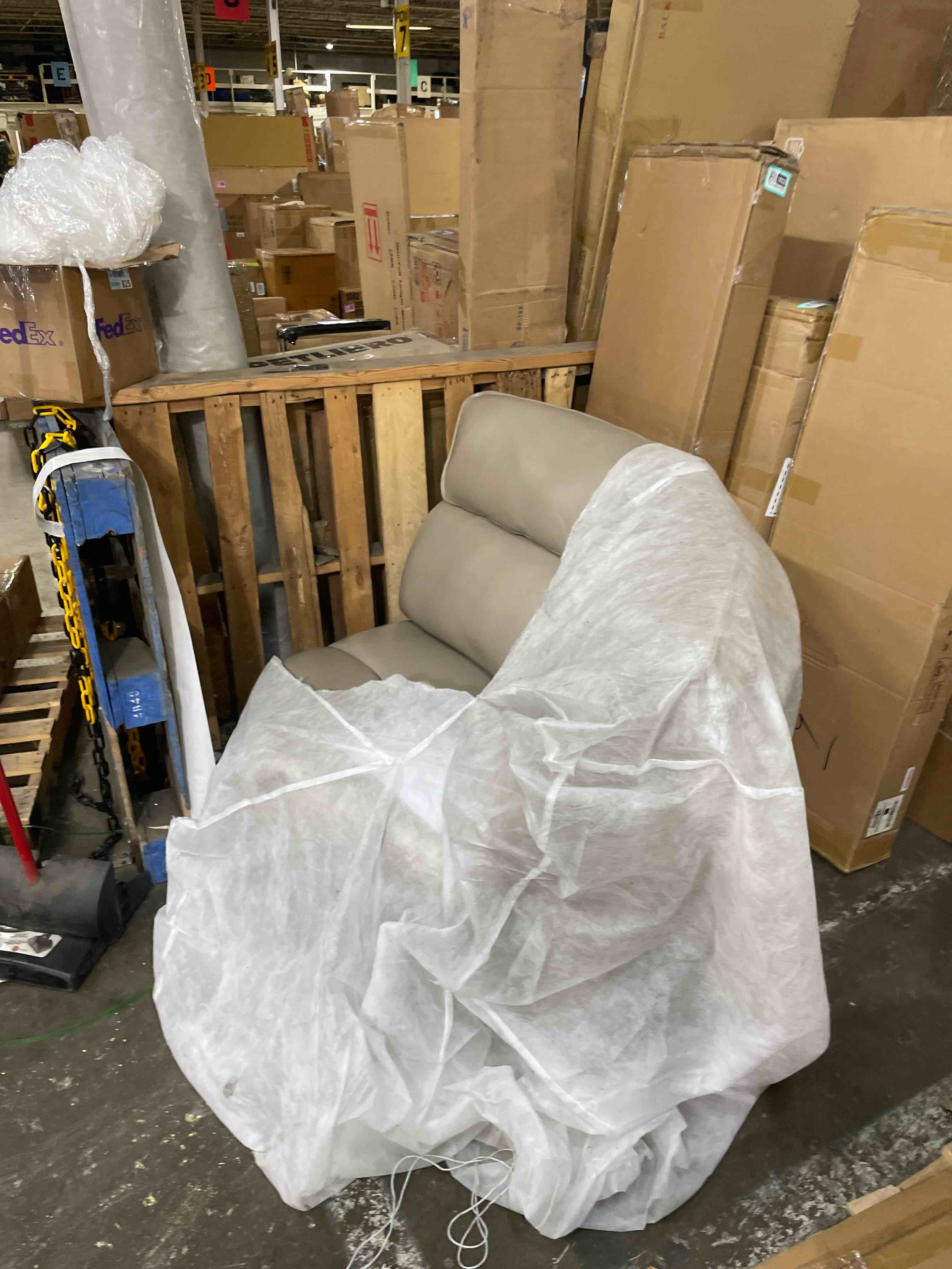 Condition photo showing As Is for greer stone beige grey leather 4 piece 166" modular u-shaped sectional with right arm facing chaise & armless sofa | deep seated (corner seat only)