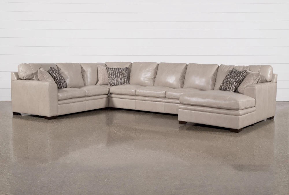 greer stone beige grey leather 4 piece 166" modular u-shaped sectional with right arm facing chaise & armless sofa | deep seated (corner seat only)