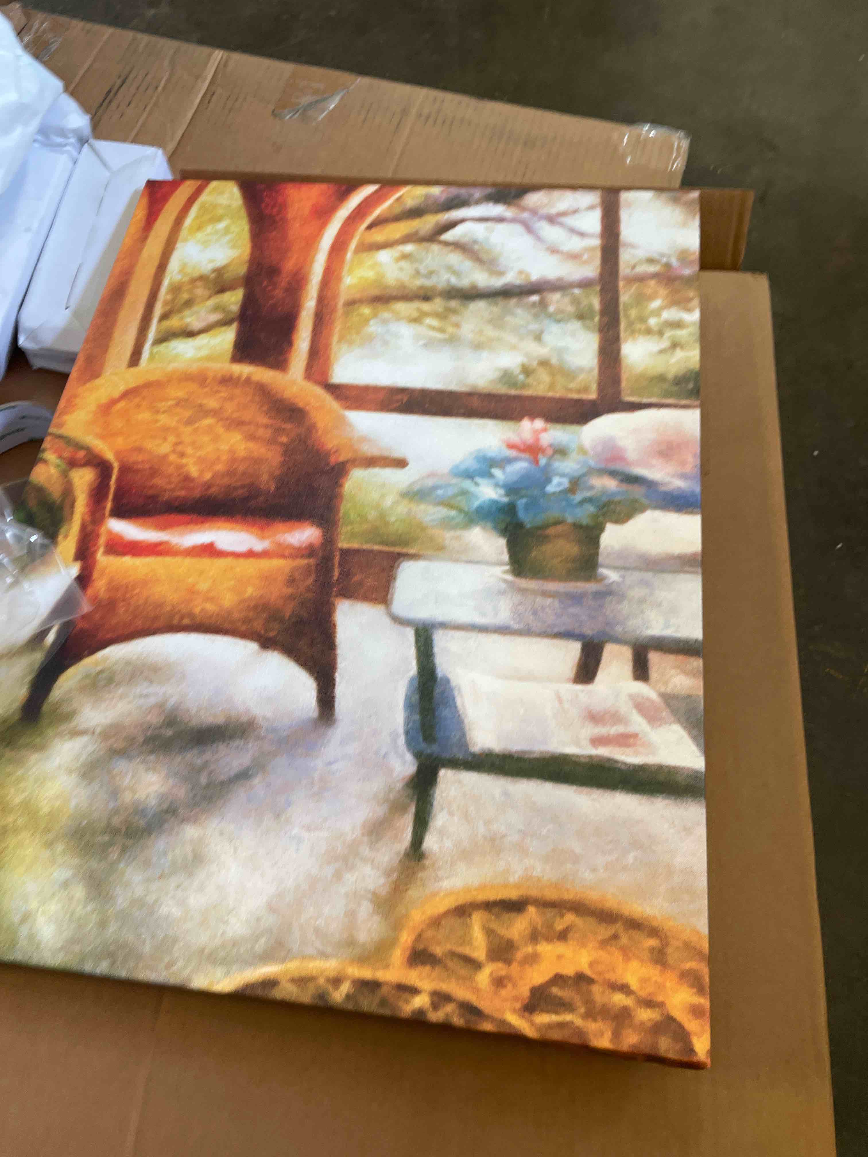 Condition photo showing New/Like New for trademark fine art michelle calkins canvas art, wicker chair and cyclmen, 18 by 24-inch