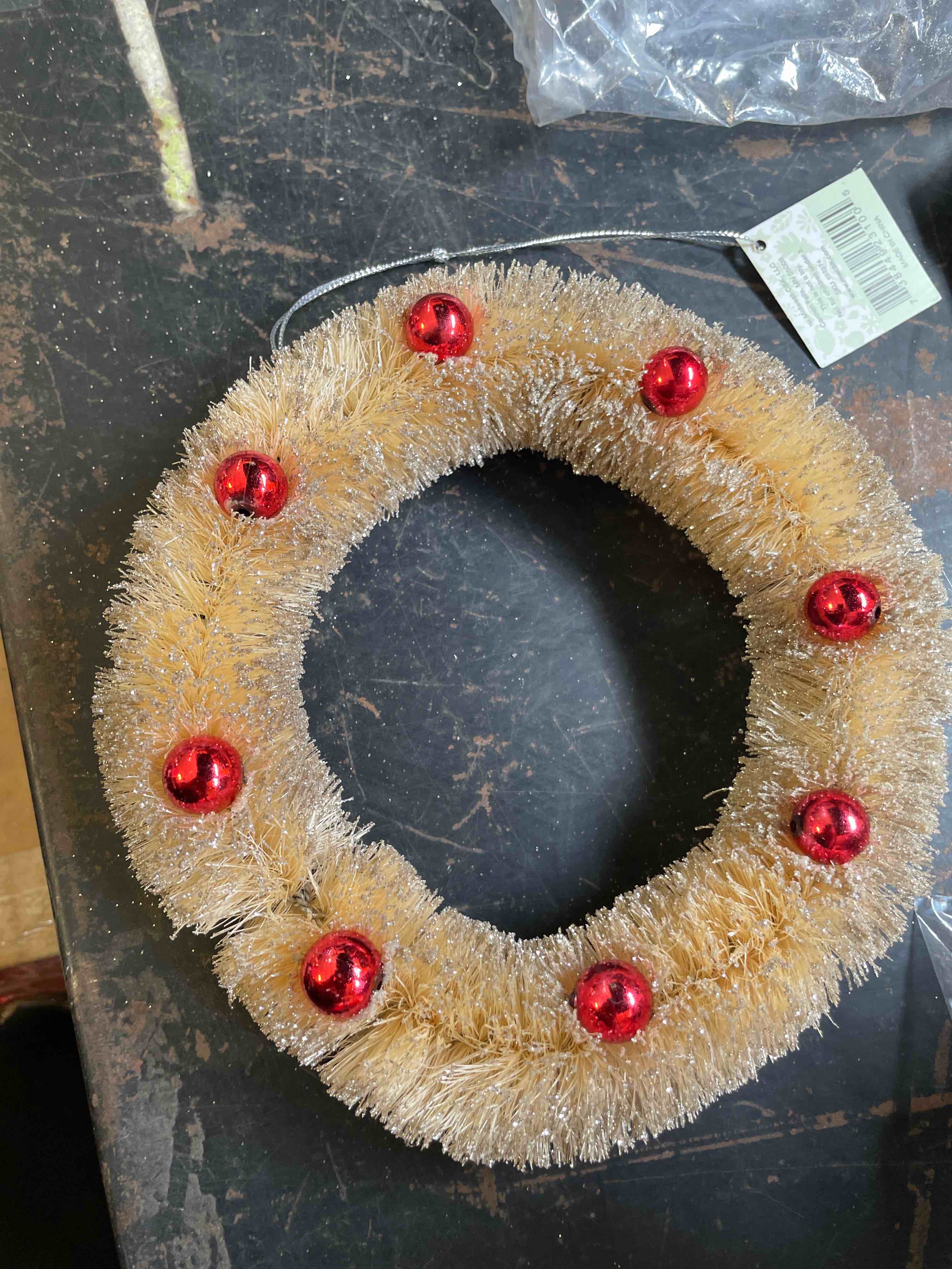 Condition photo showing New/Like New for (set of 2 ) vickerman frosted  mini gold wreath red/gold/silver balls.