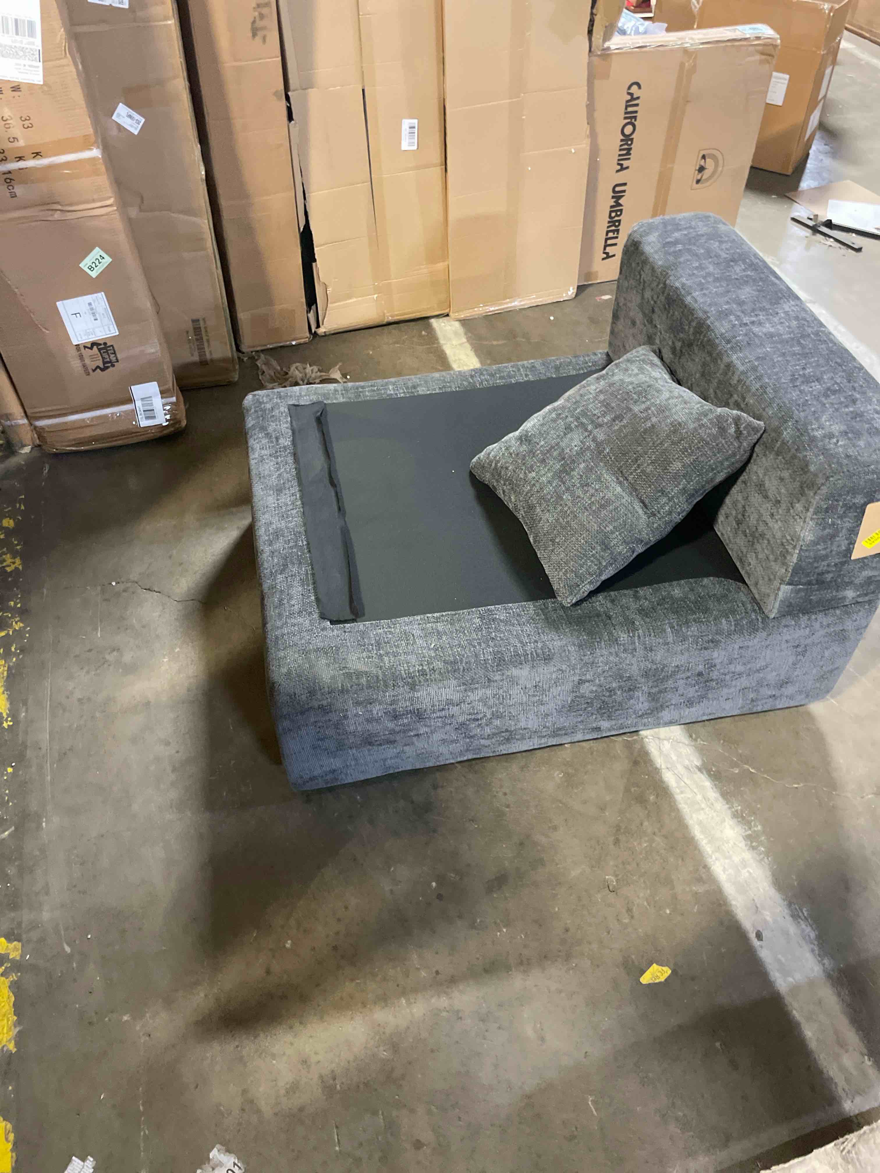 Condition photo showing As Is for middle seat module for modular sectional couch sofa, living room accent armless sofa chair with storage & pillow, modern side sectional middle unit, chenille dark grey (missing cushions)