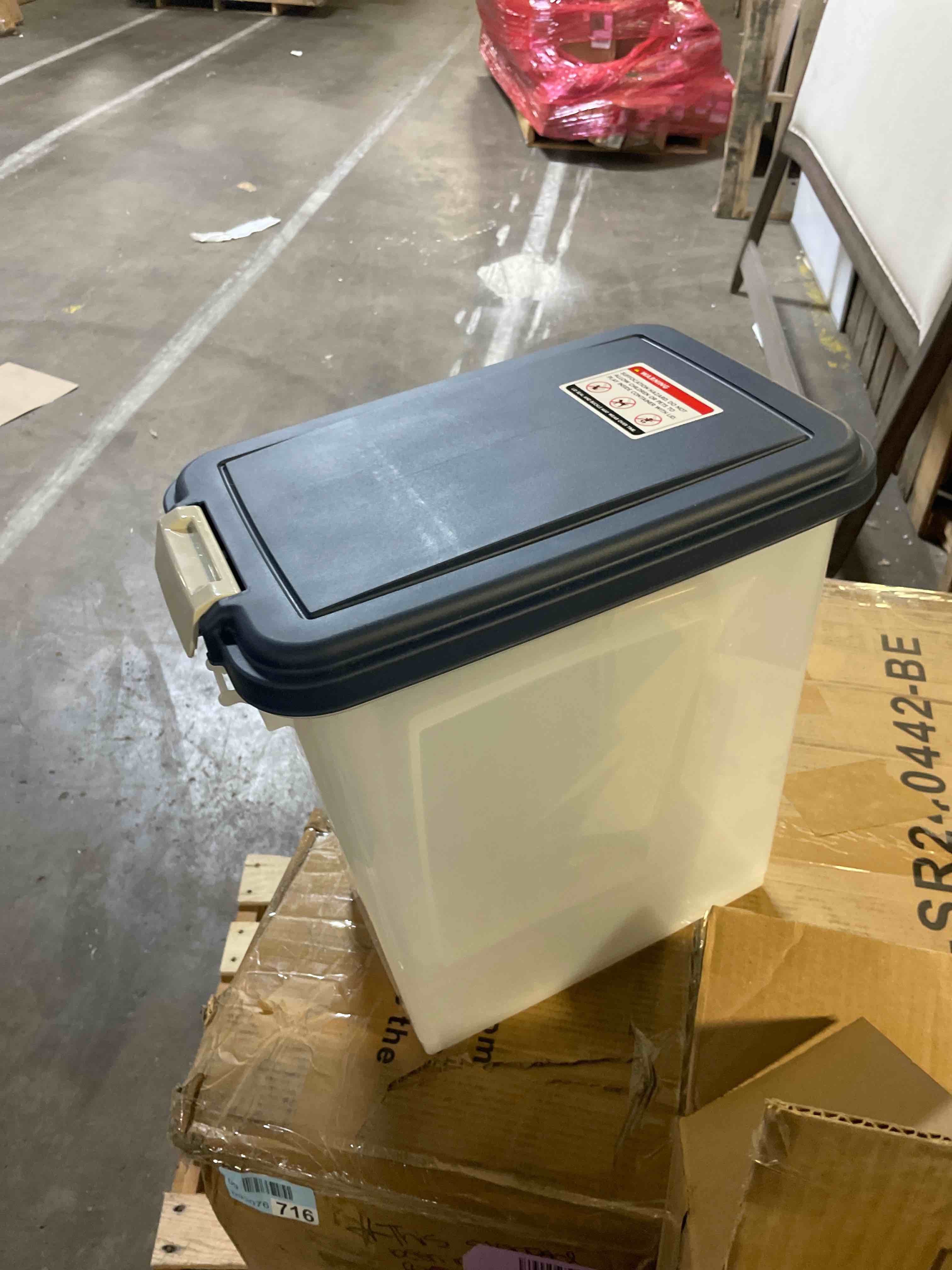 Condition photo showing New/Like New for iris usa 30 lbs / 33 qt weatherpro airtight pet food storage container with attachable casters, for dog cat bird and other pet food storage bin, keep fresh, translucent body, easy mobility, navy 30 lbs navy