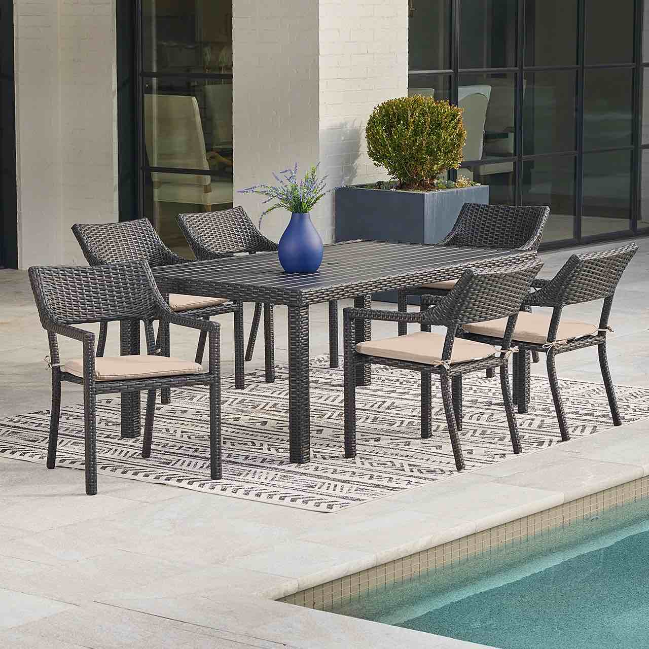 Terrace Dark Elm Outdoor Wicker with Cushions 7 Piece Dining Set + 72 x 42 in. Rect. Table(Table only)