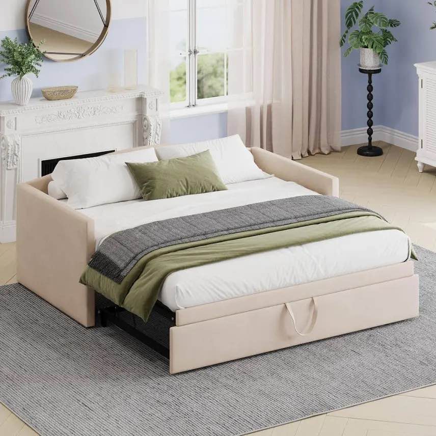 Twin to King Size Velvet Upholstered Daybed with Extended Pop Up Trundle(Incomplete Box 1 of 2)