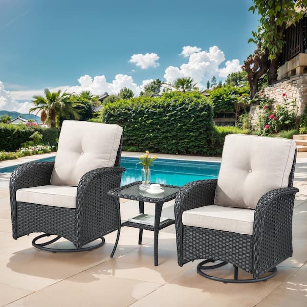 PlainCurve 3-Piece Black Wicker Swivel Outdoor Rocking Chairs Patio Conversation Set with Olefin Beige Cushions(1 chair)