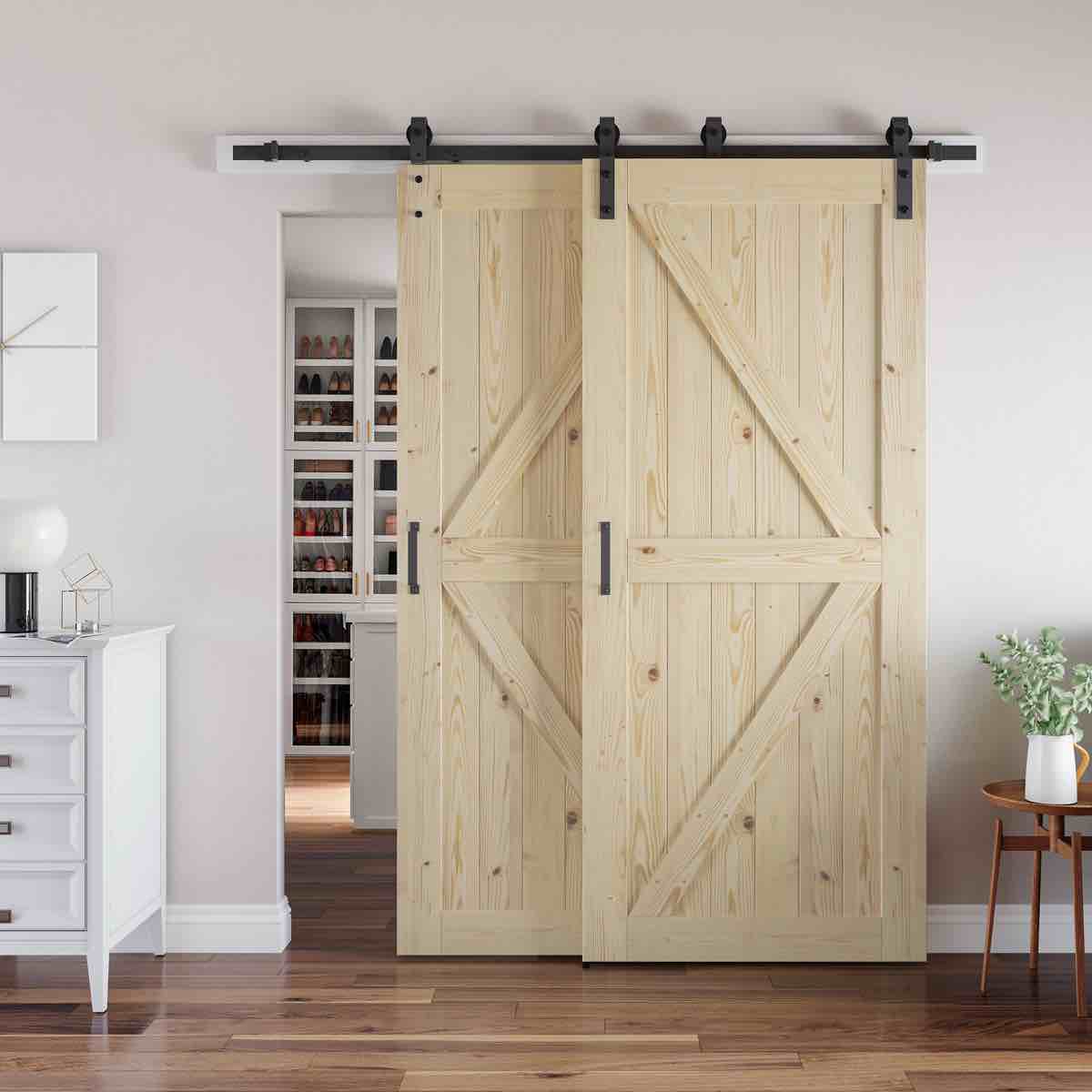 Paneled Solid Wood Unfinished Sliding Bypass Barn Door Double Doors with Hardware Kit(Hardware kit only)