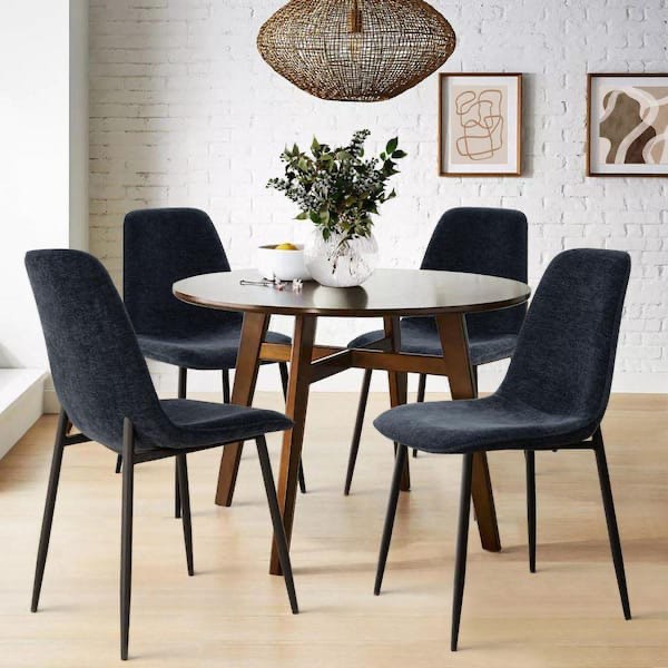 Dark Blue Upholstered Dining Chair with Black Metal Legs (Set of 4)