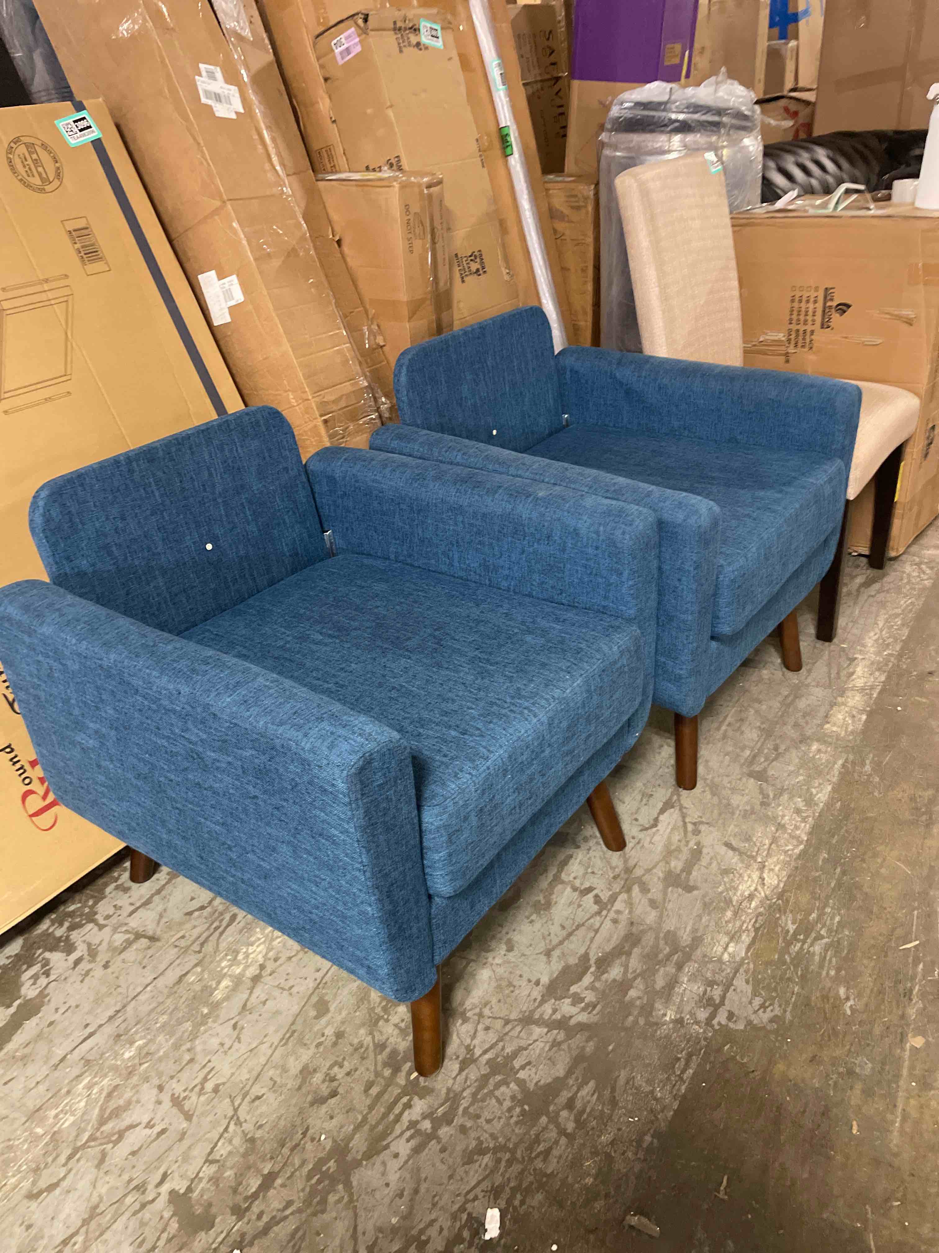 Condition photo showing As Is for (pair of 2) ( one leg broke and the other leg bent) needs cushionslinen fabric accent chair, mid century modern armchair for living room, bedroom button tufted upholstered comfy reading accent chairs sofa(blue)