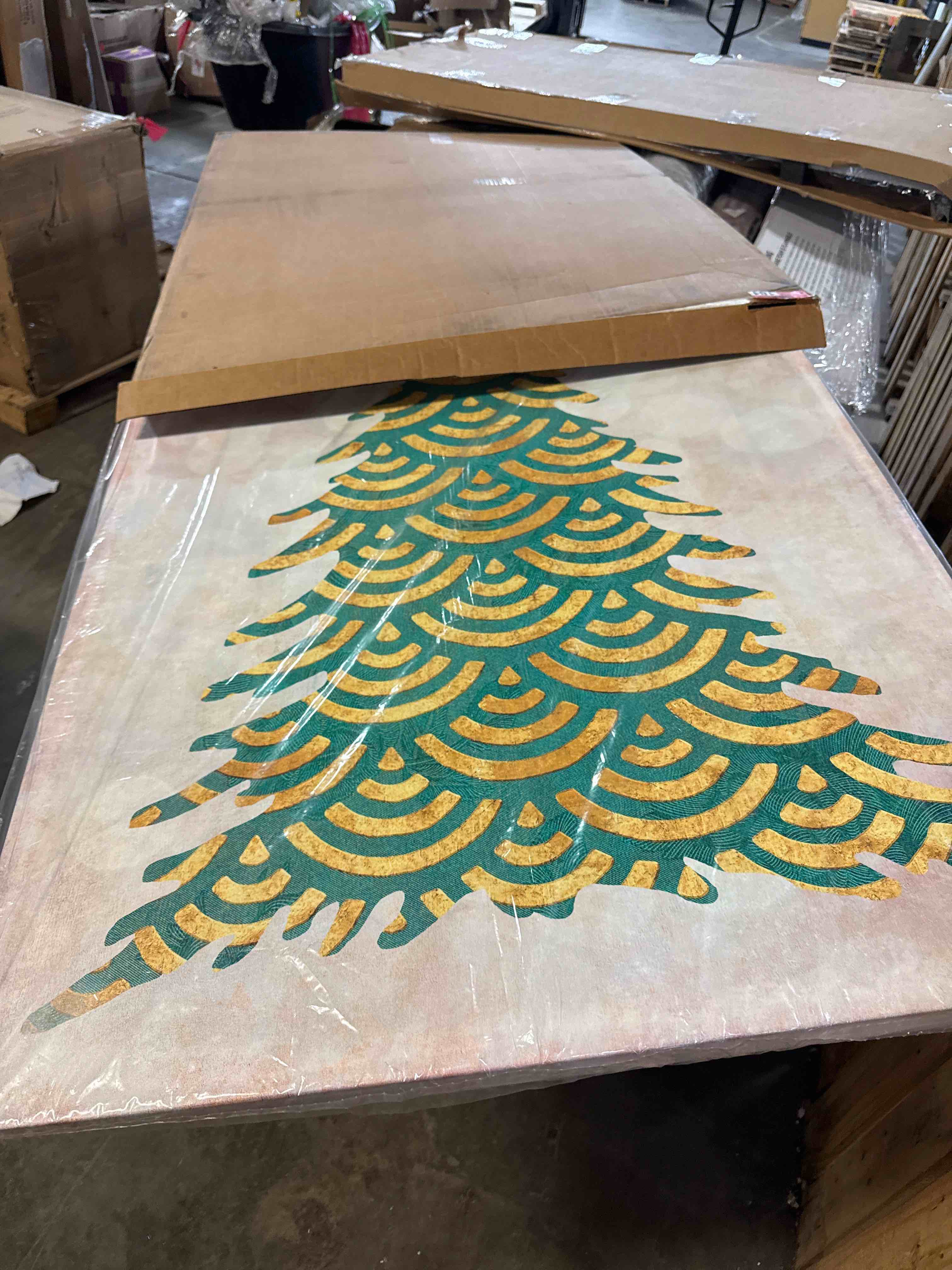 Condition photo showing New/Like New for trademark fine art decorated green and gold xmas tree by cora niele, 35x47-inch