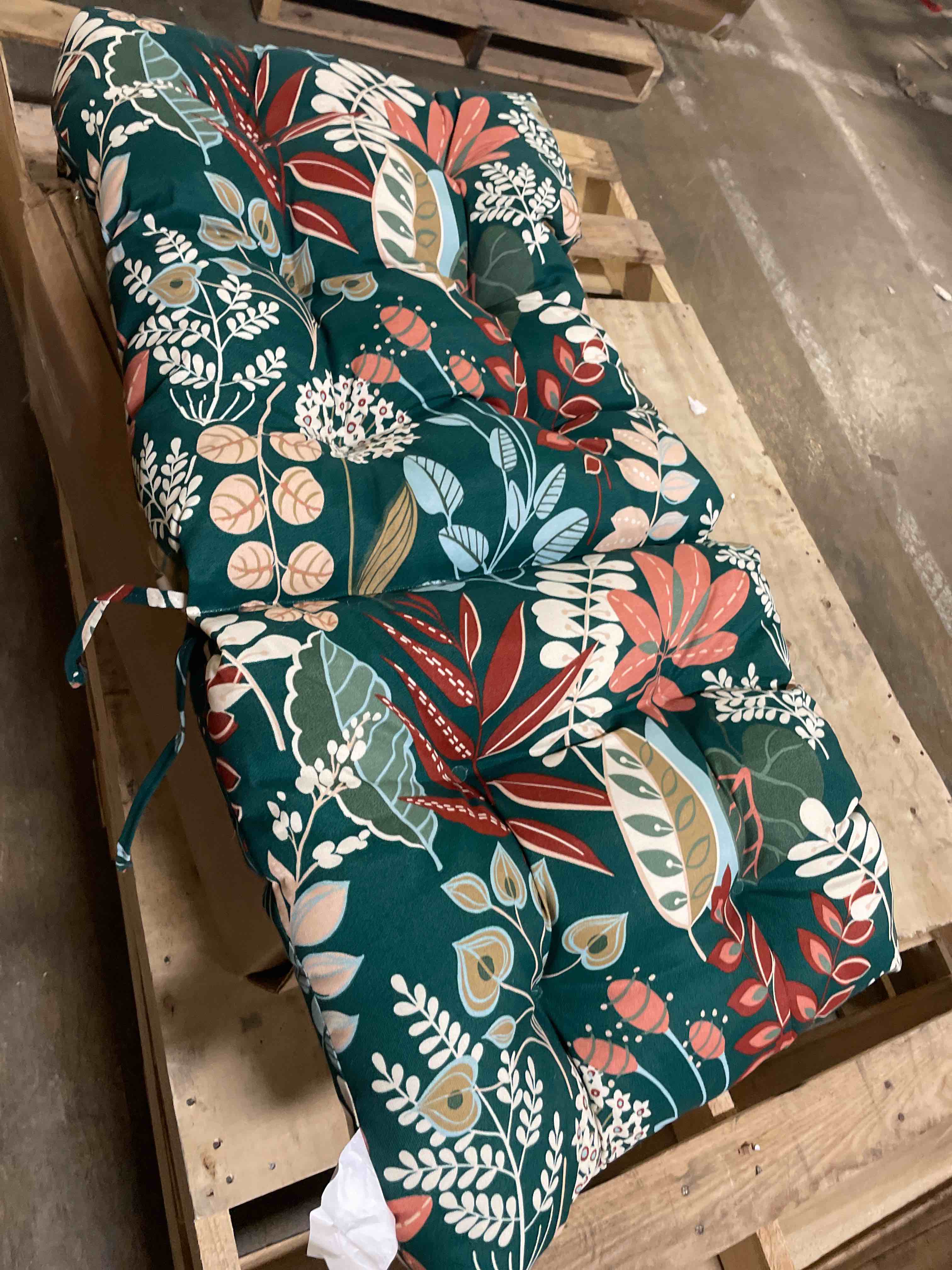 Condition photo showing Good Condition for blazing needles outdoor rounded back loveseat cushion, 42" x 19", windcrest spruce
