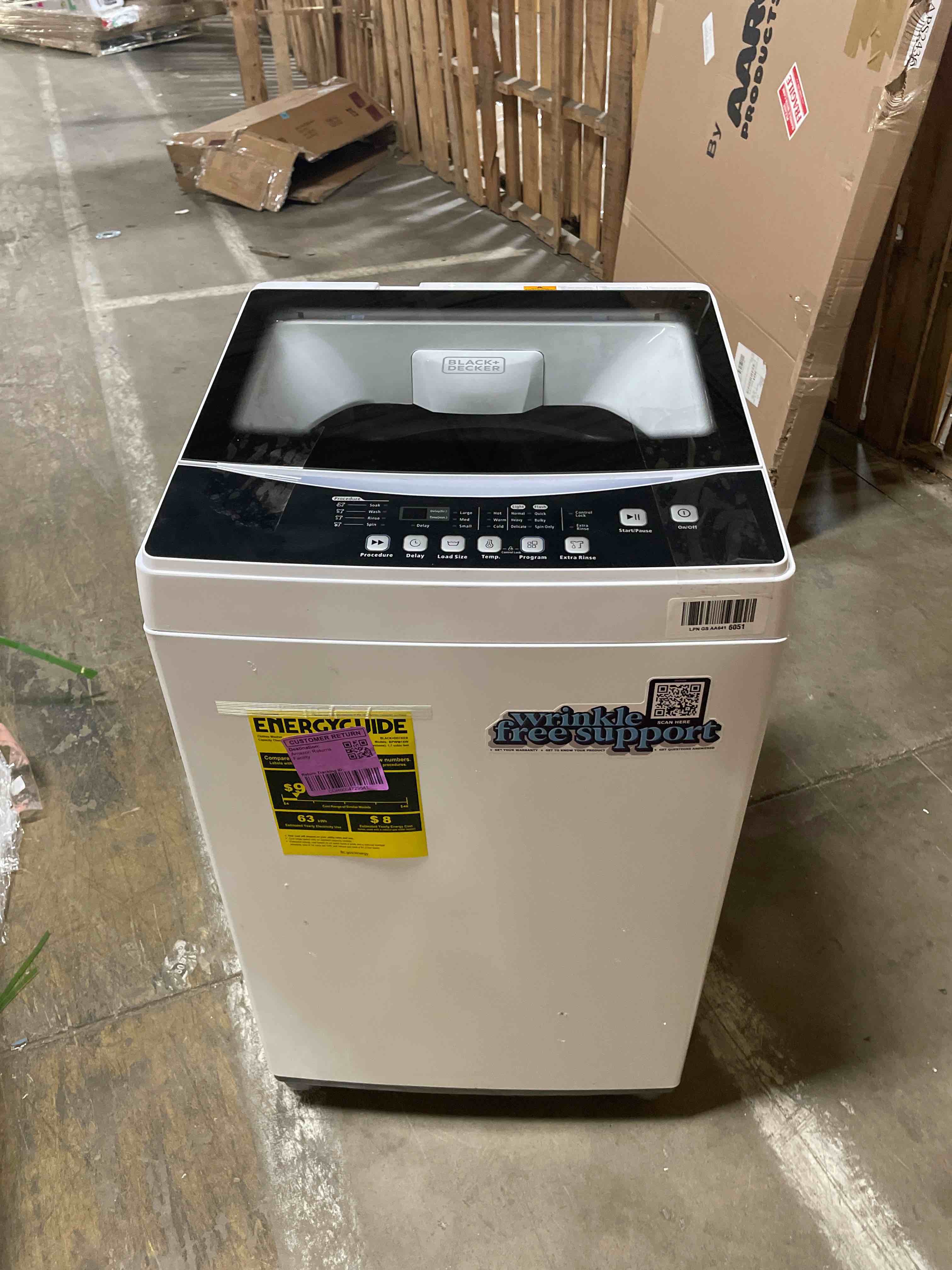 Condition photo showing New/Like New for black+decker small portable washer, washing machine for household use, portable washer 1.7 cu.ft with 8 cycles, transparent lid & led display 1.7 cu. ft.