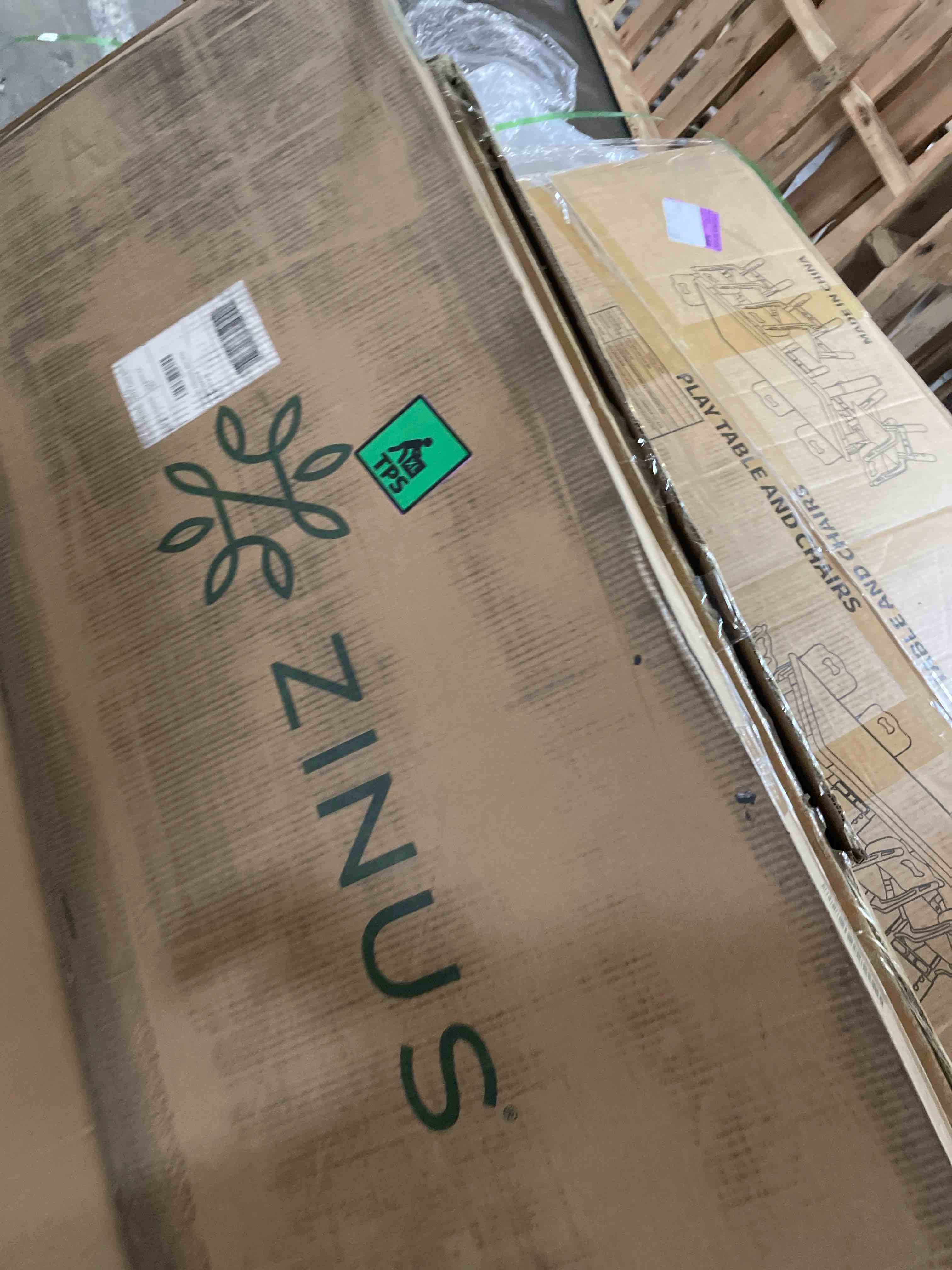 Condition photo showing Good Condition for zinus full maya upholstered bed frame with asymmetric headboard, durable wooden slats, sturdy framework, noise free sleep, no box spring needed, easy assembly, eco friendly packaging, dark grey full modern geometric