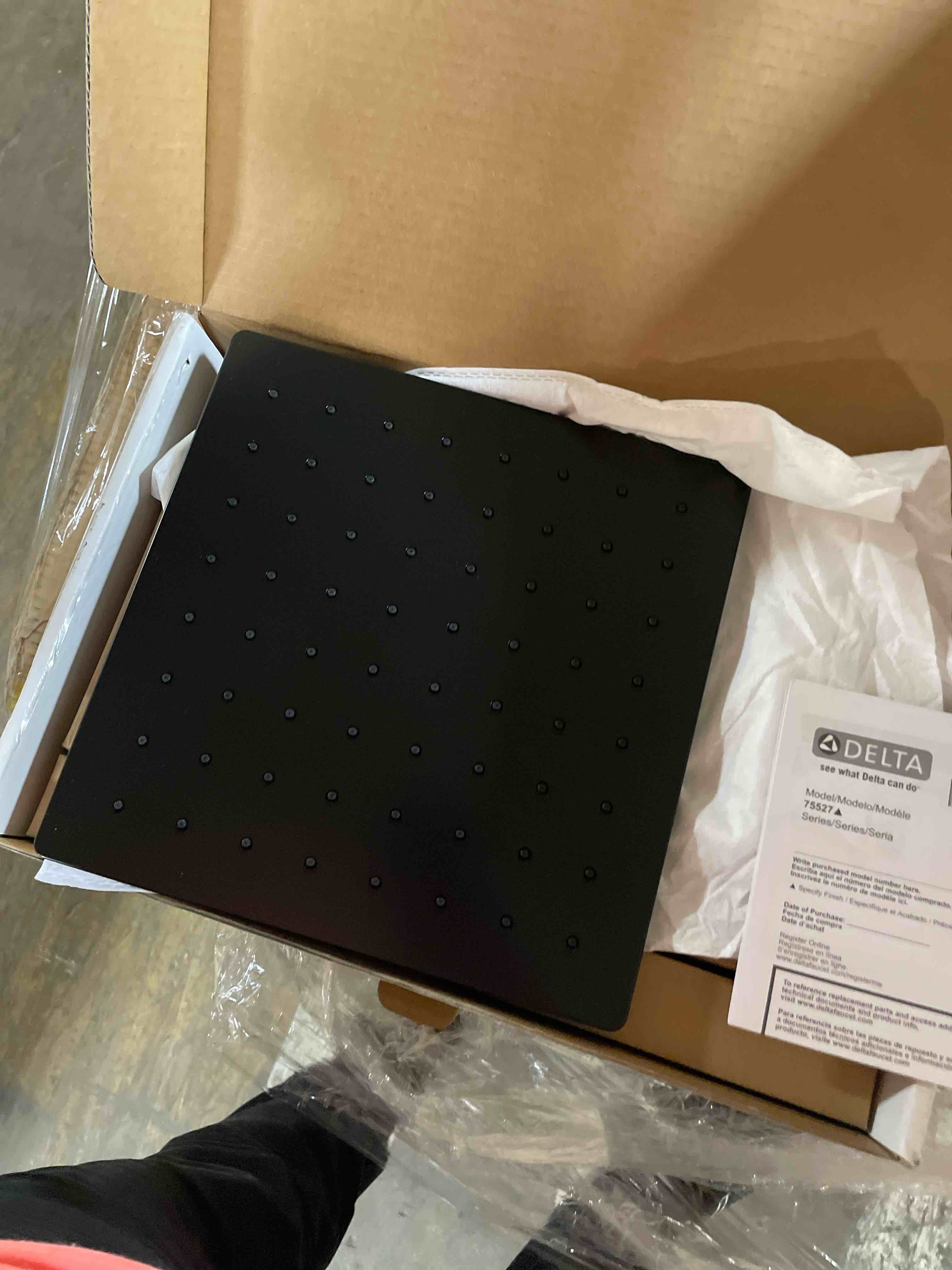 Condition photo showing New/Like New for black shower system, shower faucet set with 3 in 1 push button valve, shower faucet included 10" ceiling shower head and 8" wall-mount shower head with handheld spray, matte black