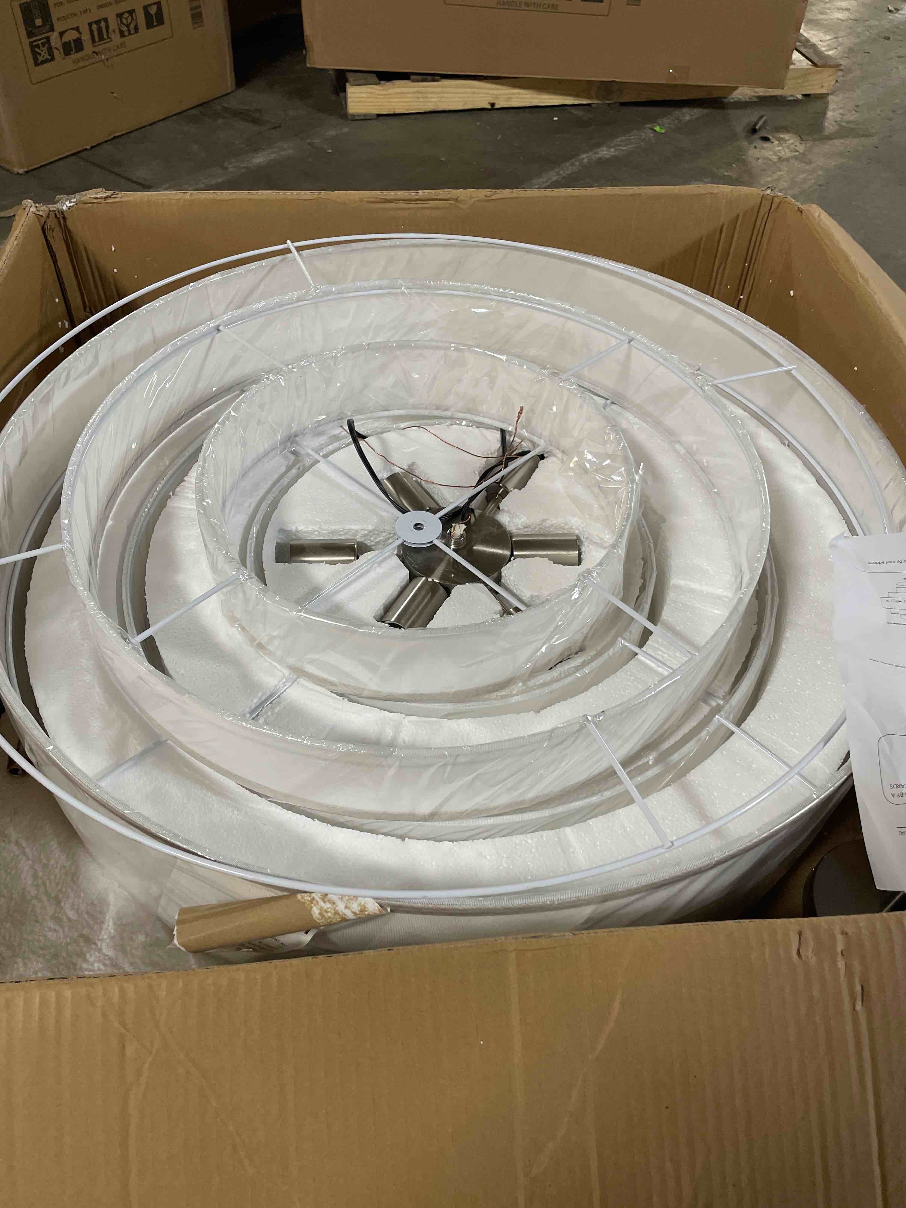 Condition photo showing Good Condition for (silver)shrine lighting white double drum chandelier, dining room design, drum pendant lights for dining room, d20'' x h10'', adjustable chains 55'', e12*4 sockets, white linen fabric lampshade & gold rod