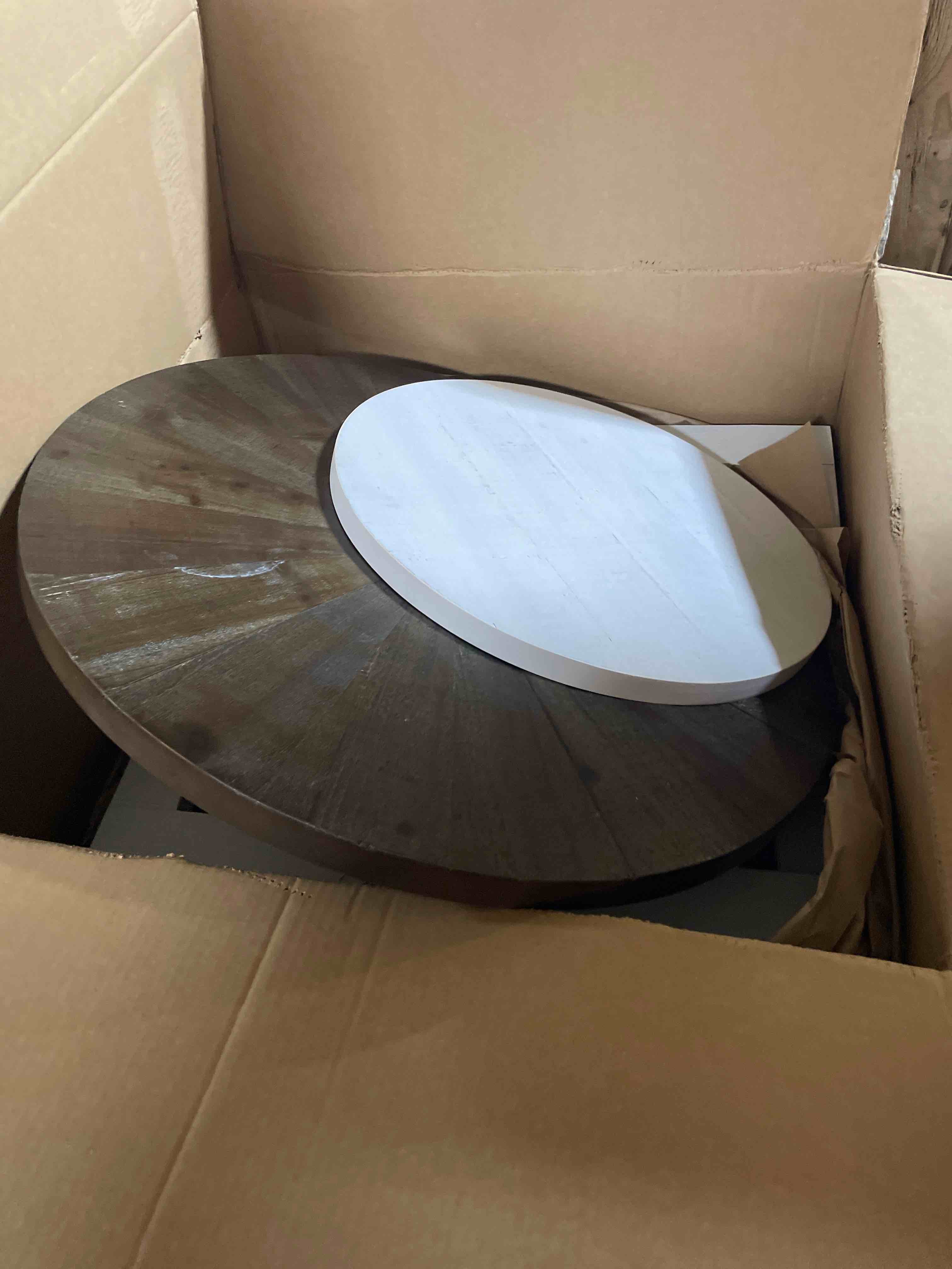 Condition photo showing As Is for round wood coffee table with distressed finish top, two-tone living room table with lower storage shelf, farmhouse center table, large circle, brown and white