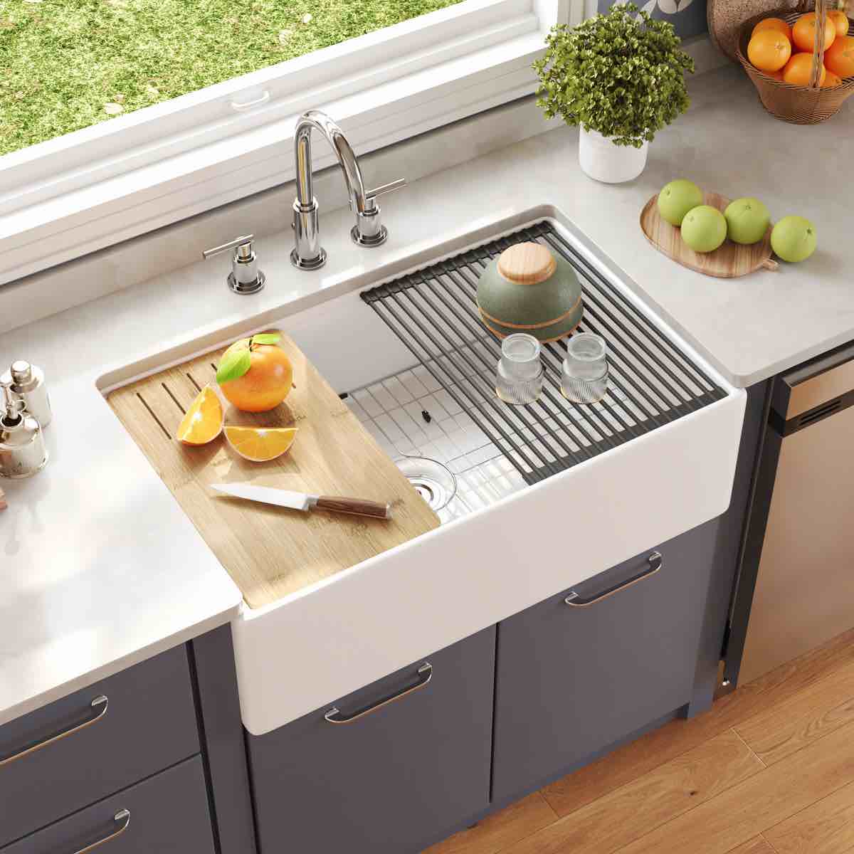 33"l x 20"w farmhouse kitchen sink deep single bowl fireclay workstation sink with cutting board and dish drying rack