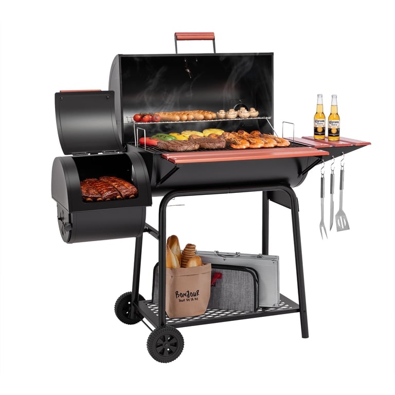 royal gourmet 30" charcoal barrel grill with offset smoker, adjustable grates and thermometer