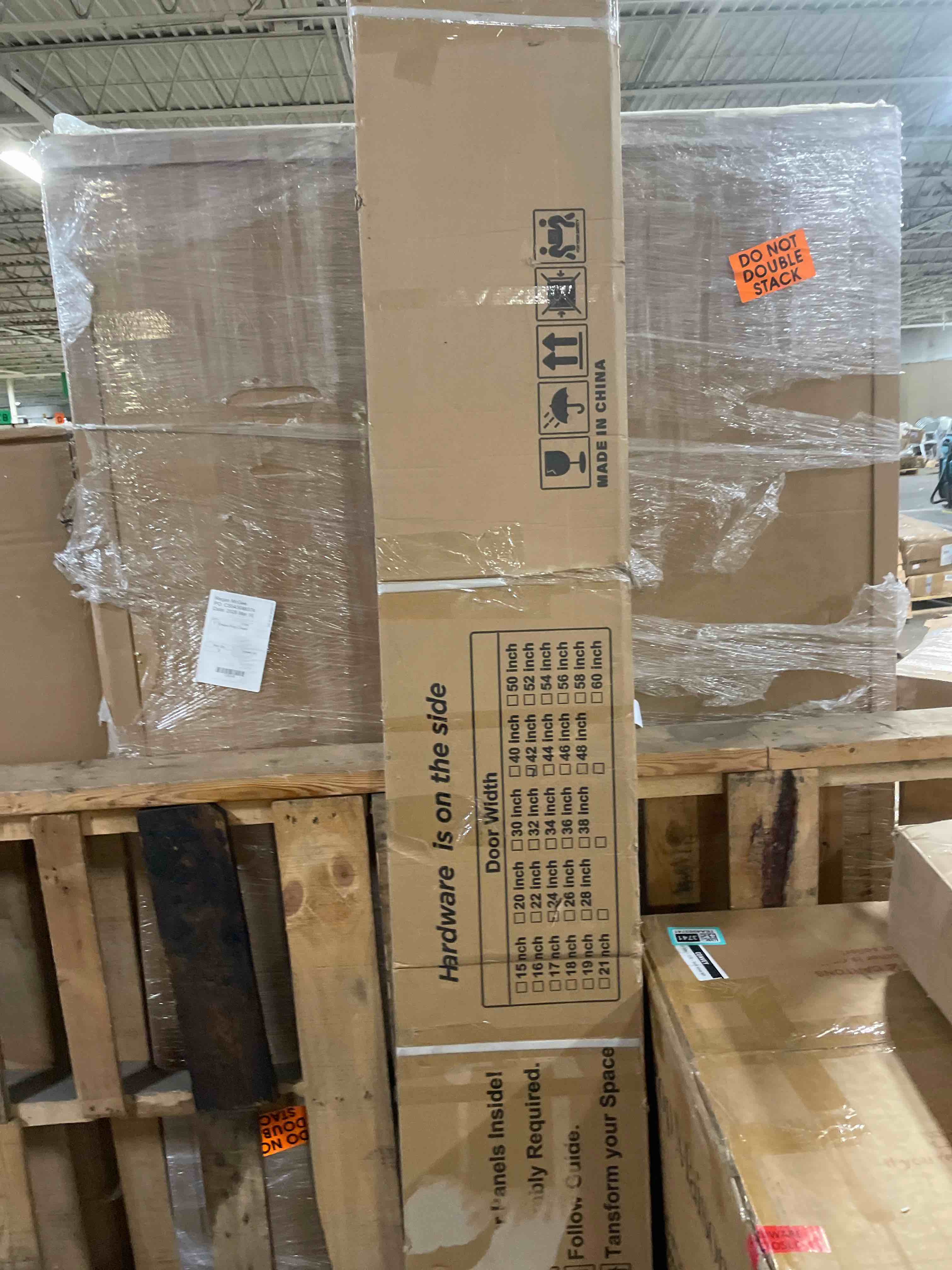 Condition photo showing New/Like New for 42in x 84in white sliding barn door with 7ft brushed nickel barn door hardware kit & handle, 5-panel, pre-drilled holes easy assembly, water-proof pvc surface