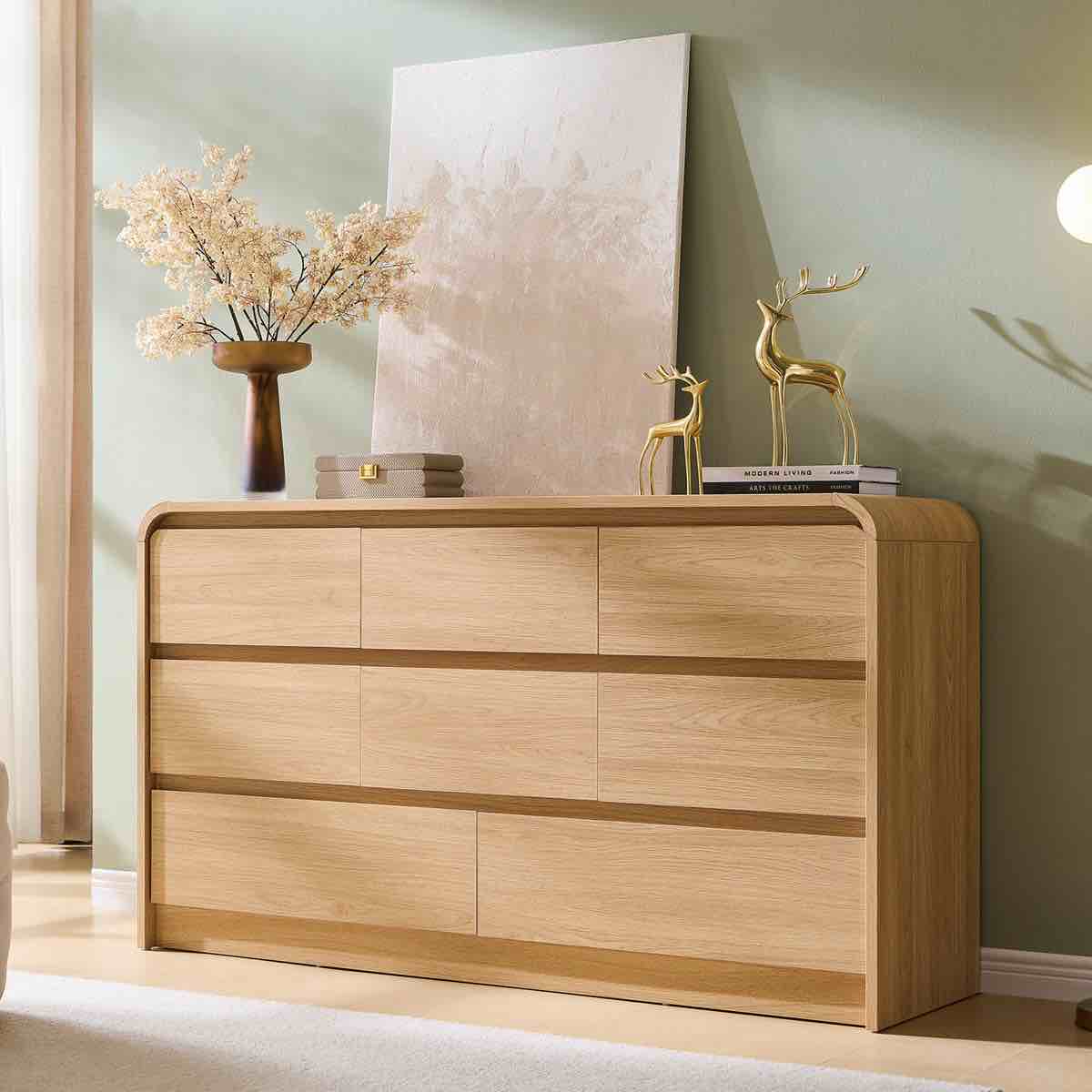 maud modern 8 drawers dresser for bedroom, 55" wide dressers & chest of drawers w/curved profile design (missing hardware)