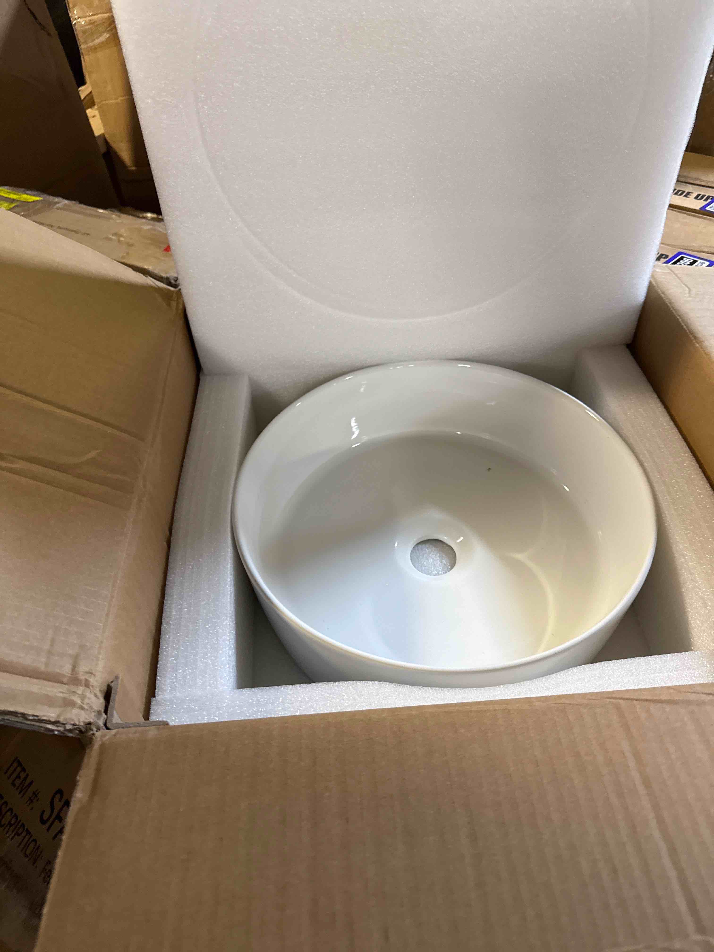 Condition photo showing New/Like New for white round vessel sink, boomhoze 16"x16" modern countertop circle white porcelain ceramic bathroom sink above counter art washing basin white ( sink only) 16"x16"