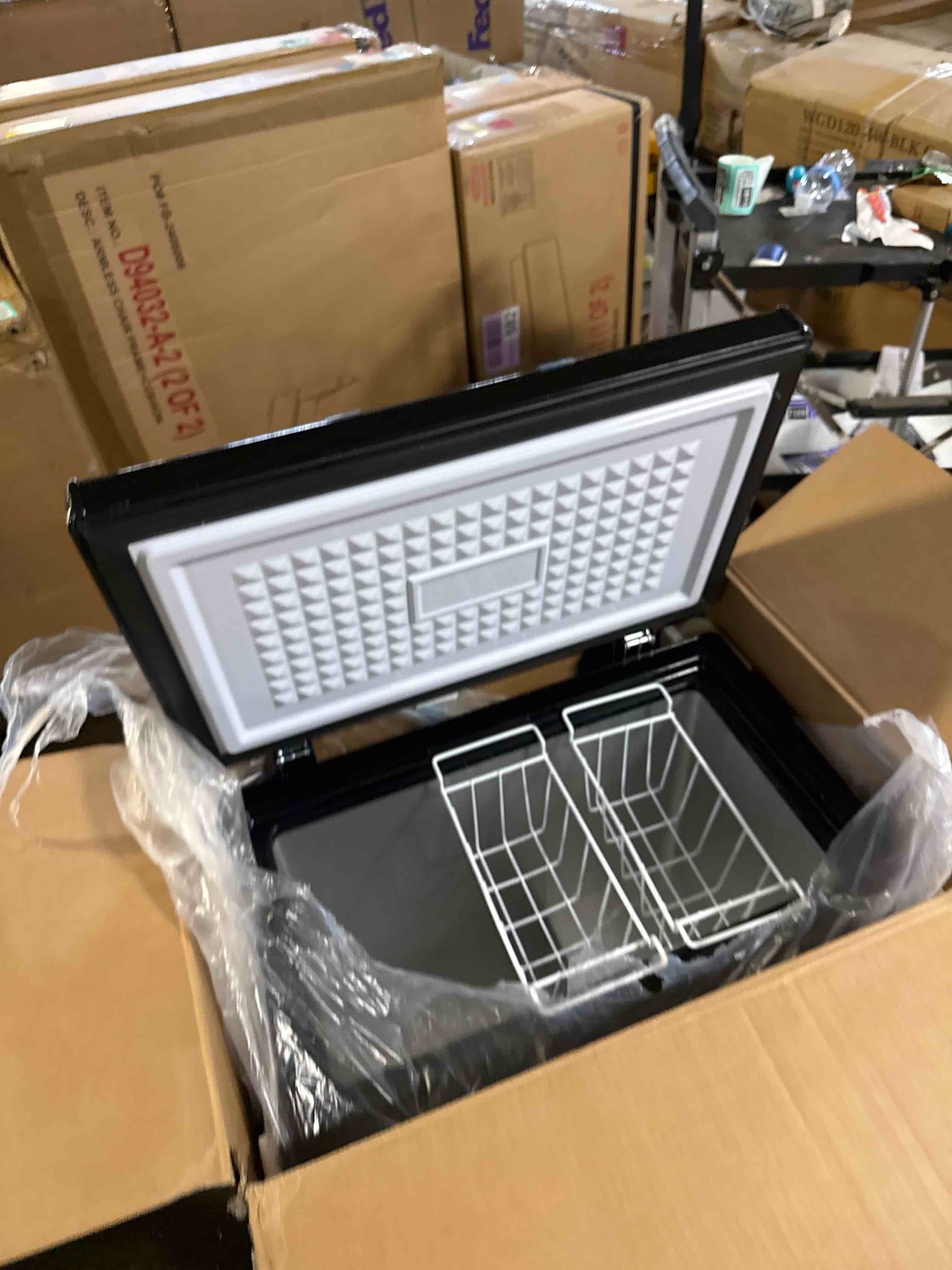 Condition photo showing New/Like New for demuller chest freezer, small deep 4.0 cubic feet black freezers, compact top open door with electronic panel, temp range -12 ? to 50 ?, two storage wire baskets, manual defrost