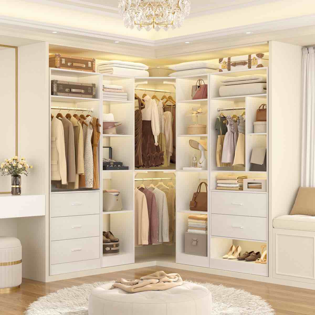 freestanding 87.2" l x 39.2" w x 80" h corner closet organizer with 5 drawers and 12 shelves (middle dresser only)