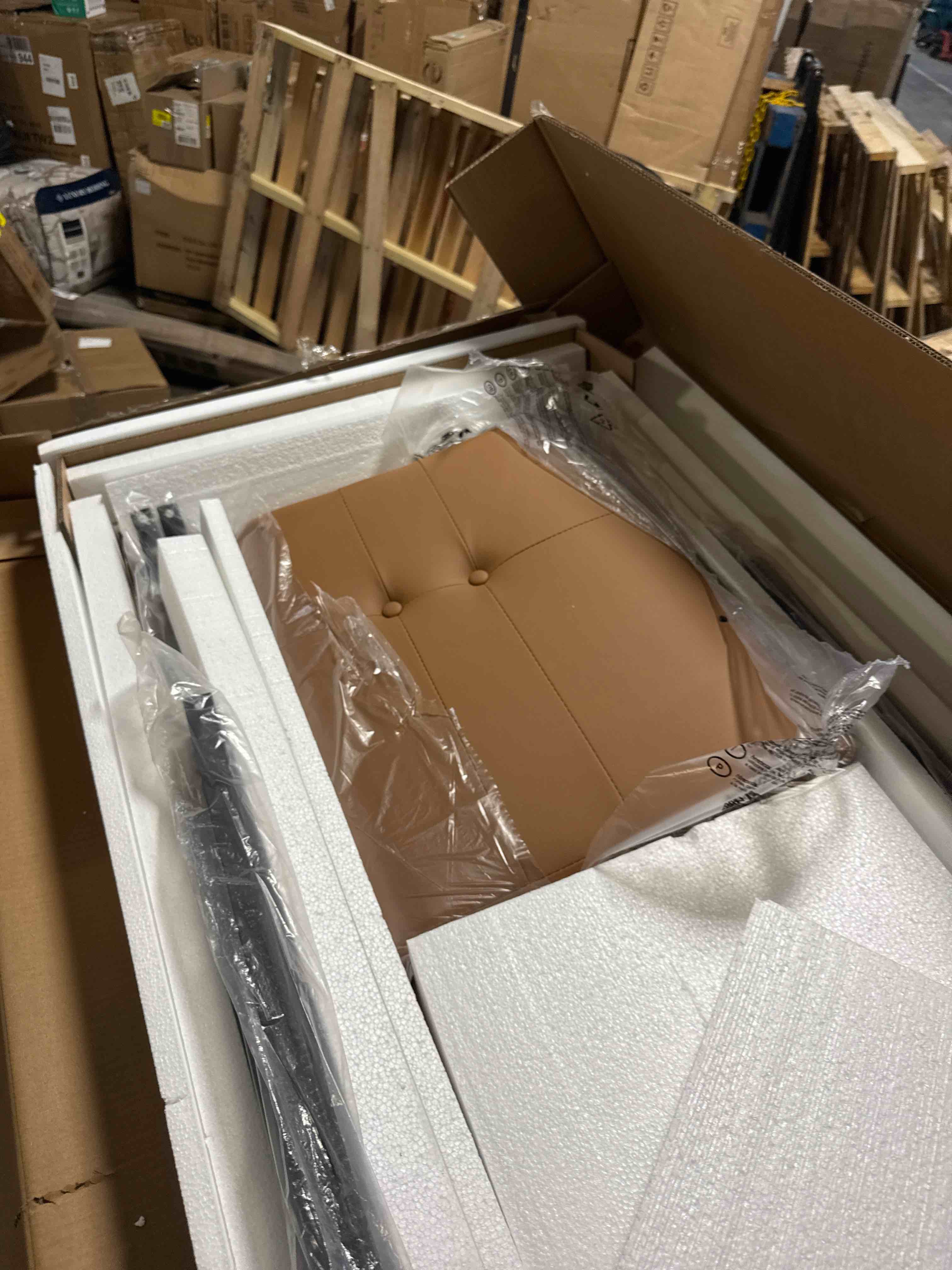 Condition photo showing As Is for softhion 55.5" end of bed bench, modern leather button tufted bedroom bench, upholstered storage shoe bench with metal base, dinning table bench for living room, bedroom, entryway,brown
