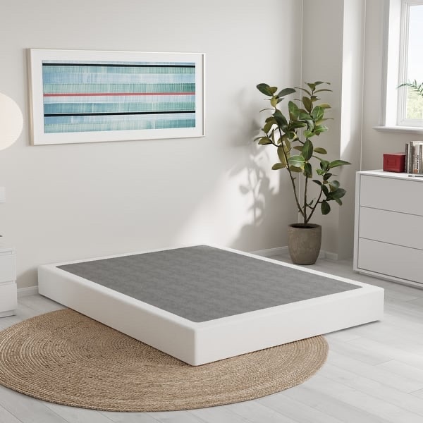 metal box spring with grey cover, basics mattress foundation - full