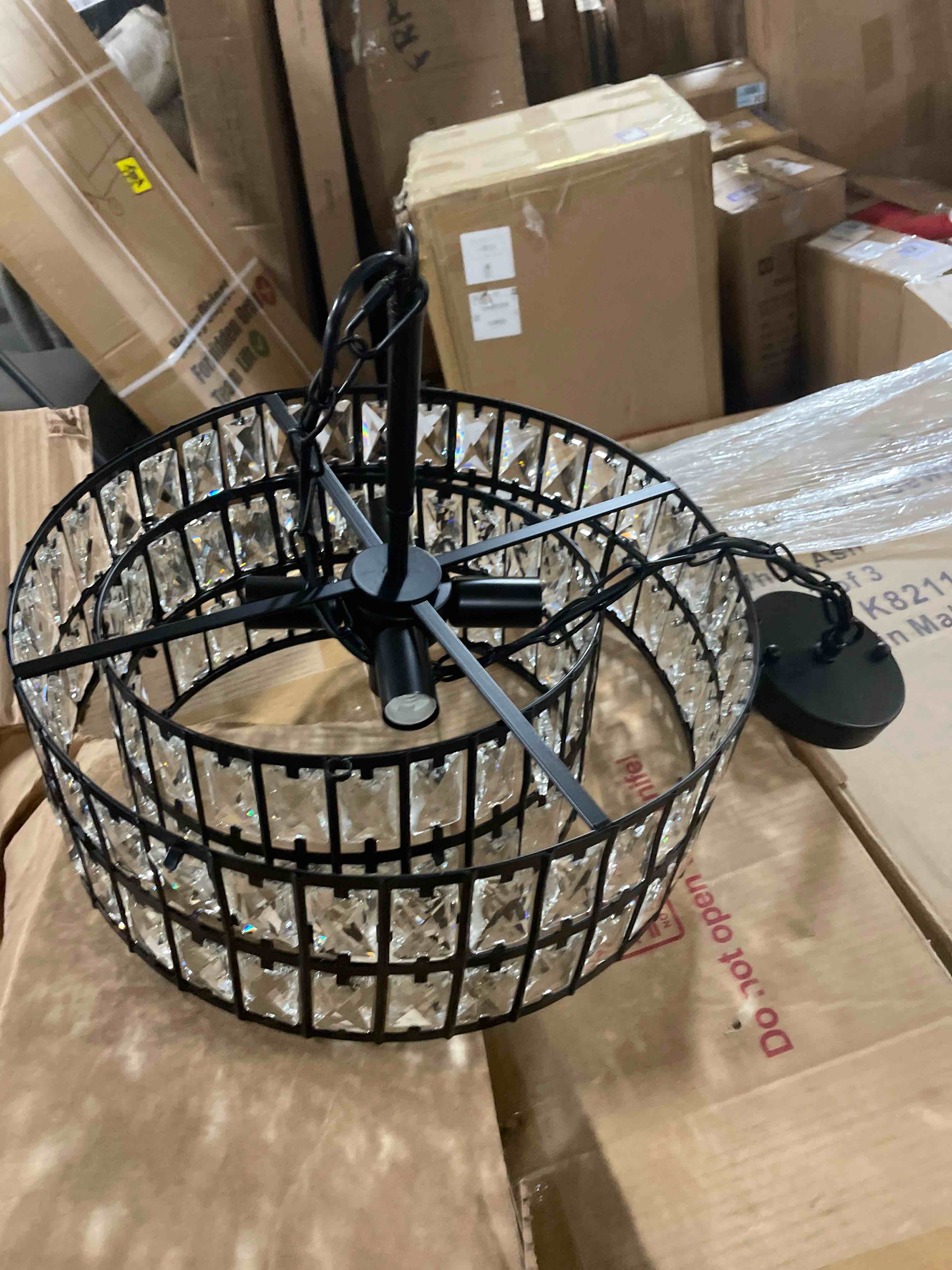Condition photo showing As Is for dining room chandeliers k9 crystal black metal chandelier modern 2-tier drum farmhouse 16in contemporary round light fixture for bedroom entryway kitchen island living room…