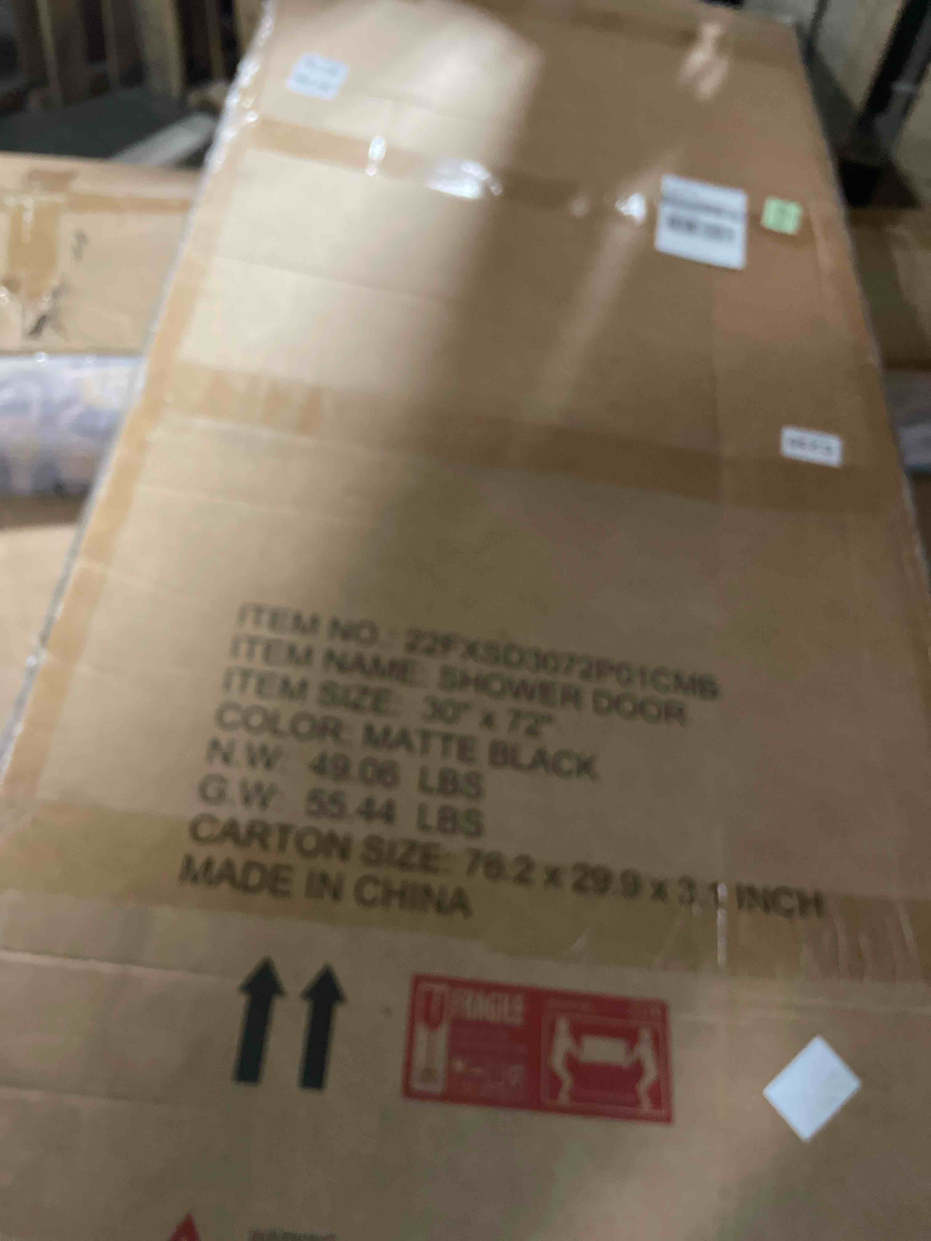 Condition photo showing New/Like New for frameless pivot shower door 30"-32" w x 72" h, with nano explosion-proof film tempered glass 1/4"(6mm) reversible installtion swing shower glass doors, matte black finish matte black 30"-32" w x 72" h