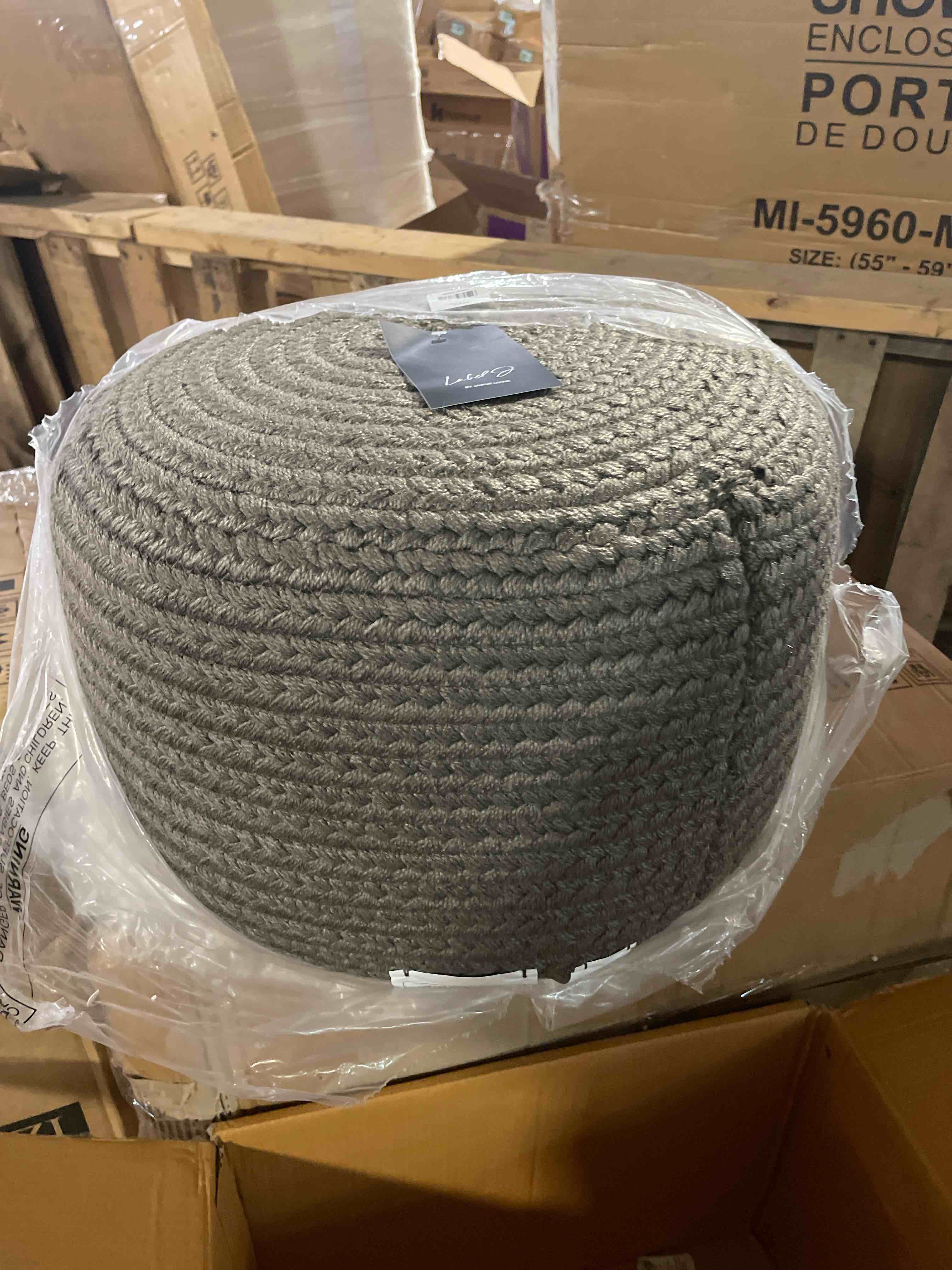 Condition photo showing New/Like New for cortesi home augusta round rope pouf ottoman, 16.5", grey
