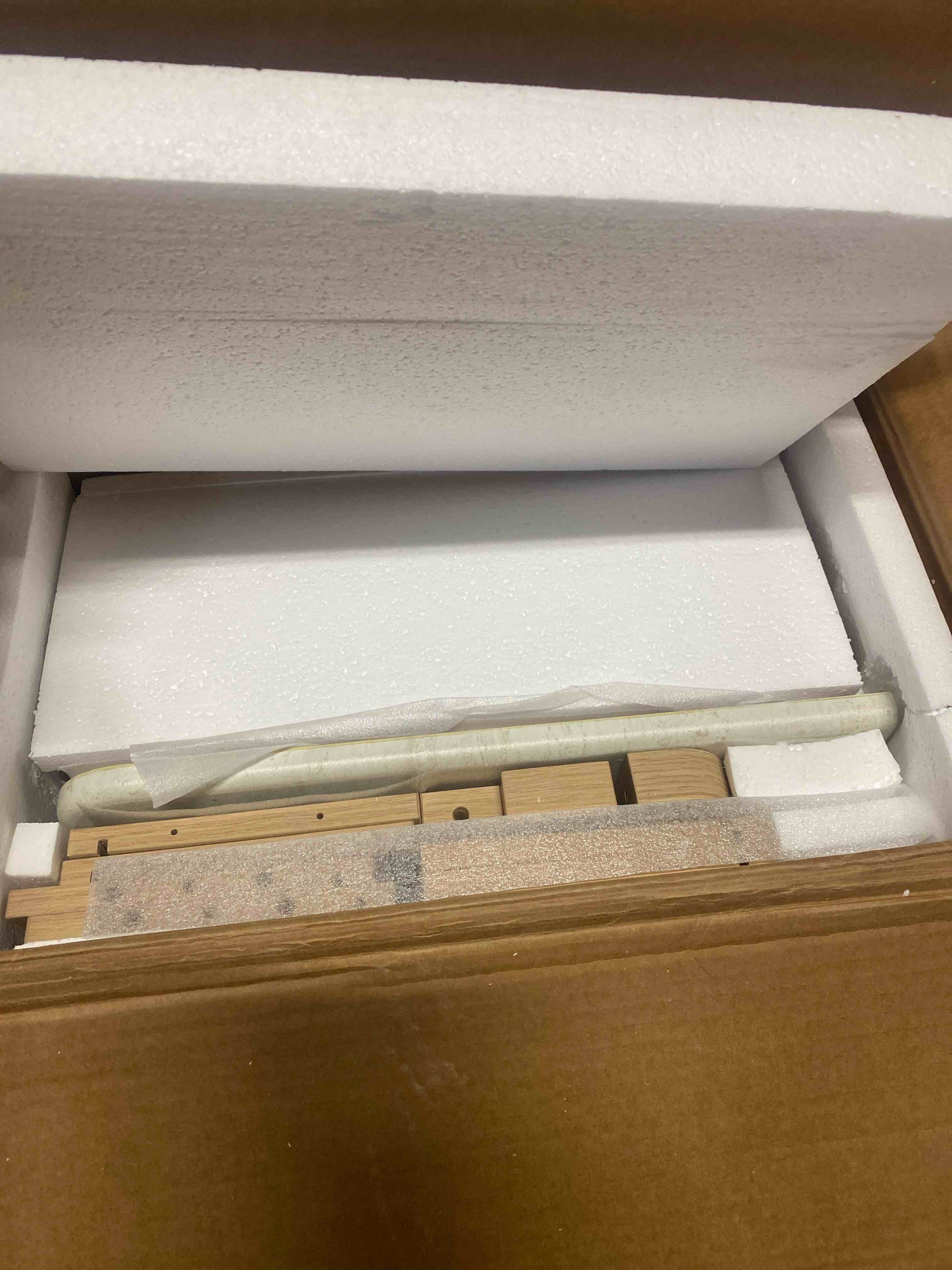 Condition photo showing New/Like New for modern nightstand with 2 drawers, bedroom storage cabinet, modern end side table, no handle design, for living room natural 15.7”w x 11.6”d x 18.9”h
