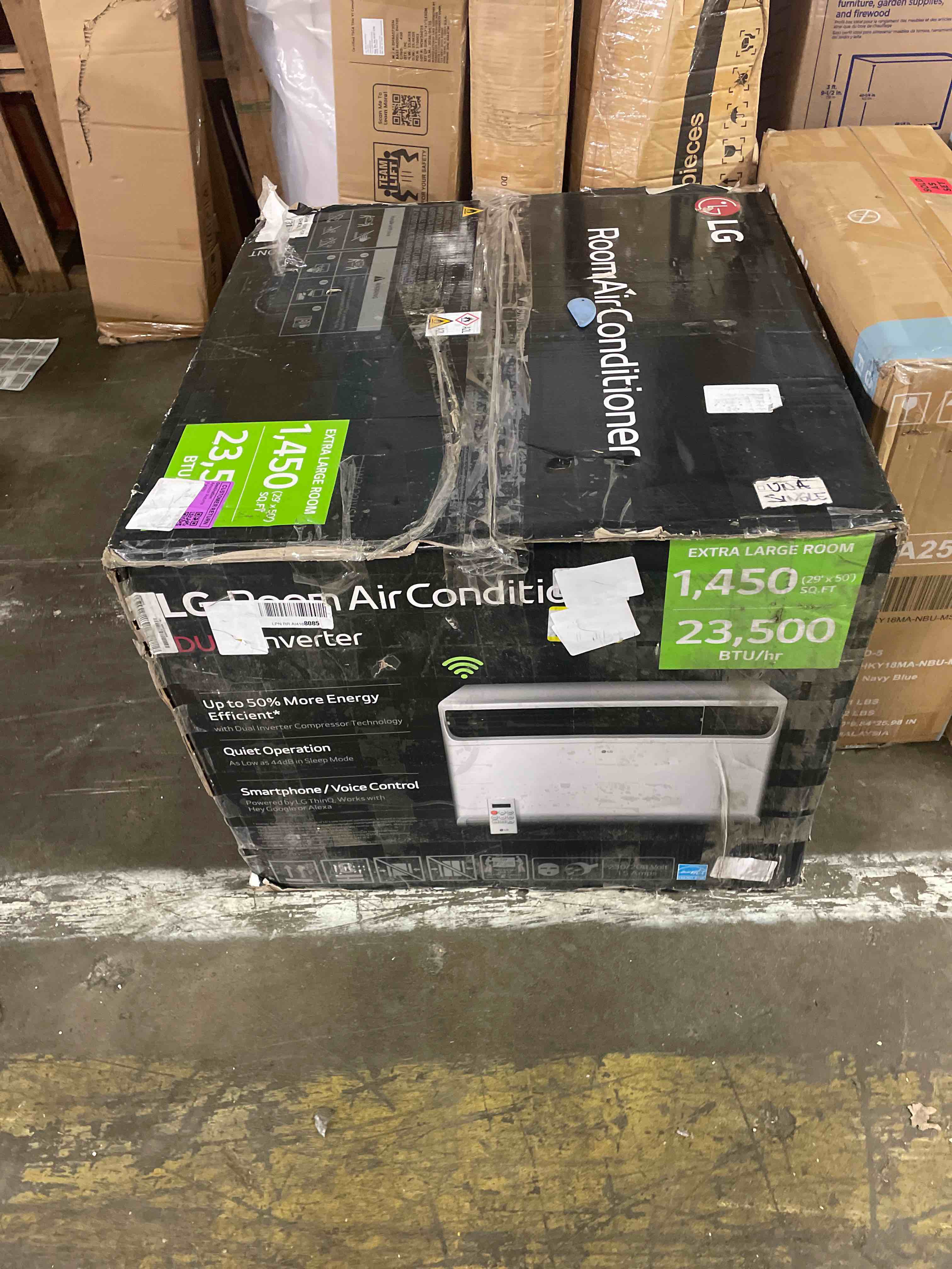 Condition photo showing As Is for lg 23,500 btu dual inverter smart window air conditioner, 230v, air conditioner cools rooms up to 1,440 sq. ft., ultra quiet operation, with lg thinq, amazon alexa & hey google, white