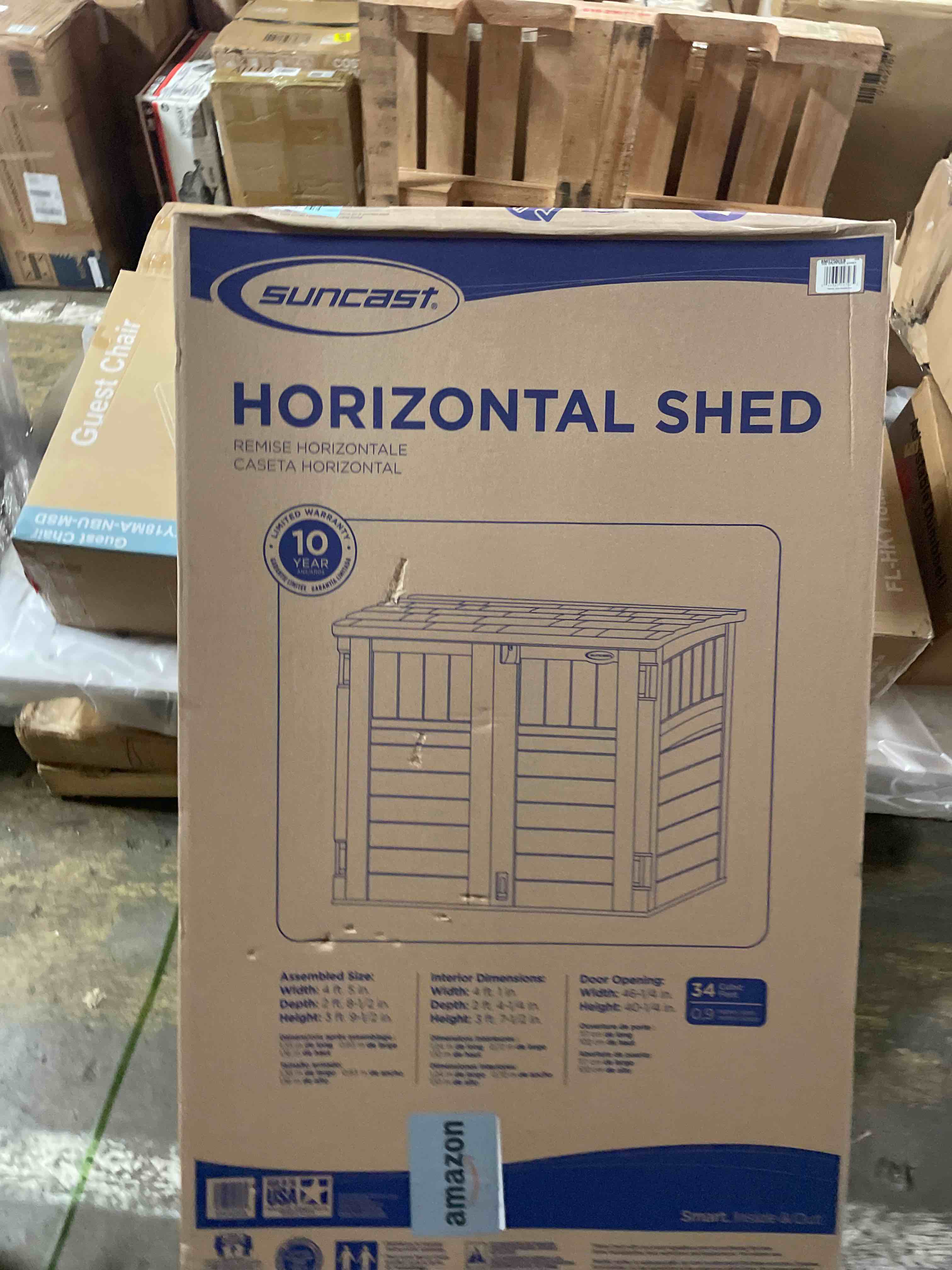 Condition photo showing New/Like New for suncast modernist horizontal low-profile storage shed gray 3 doors 4 x2.5 covers 34 cubic feet