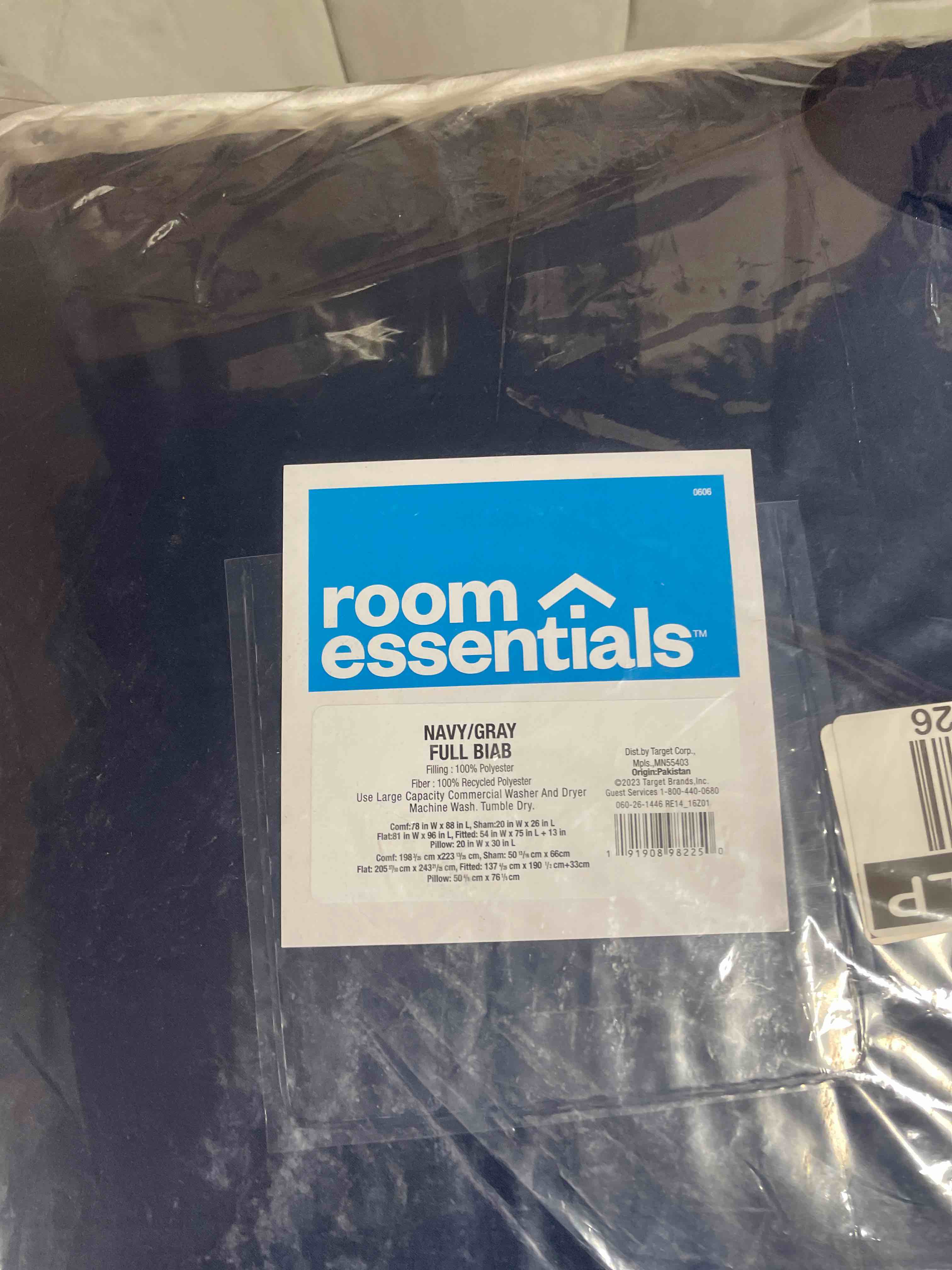 Condition photo showing New/Like New for 7pc full solid microfiber comforter & sheets set navy/gray - room essentials™: quilted, plain weave, oeko-tex certified