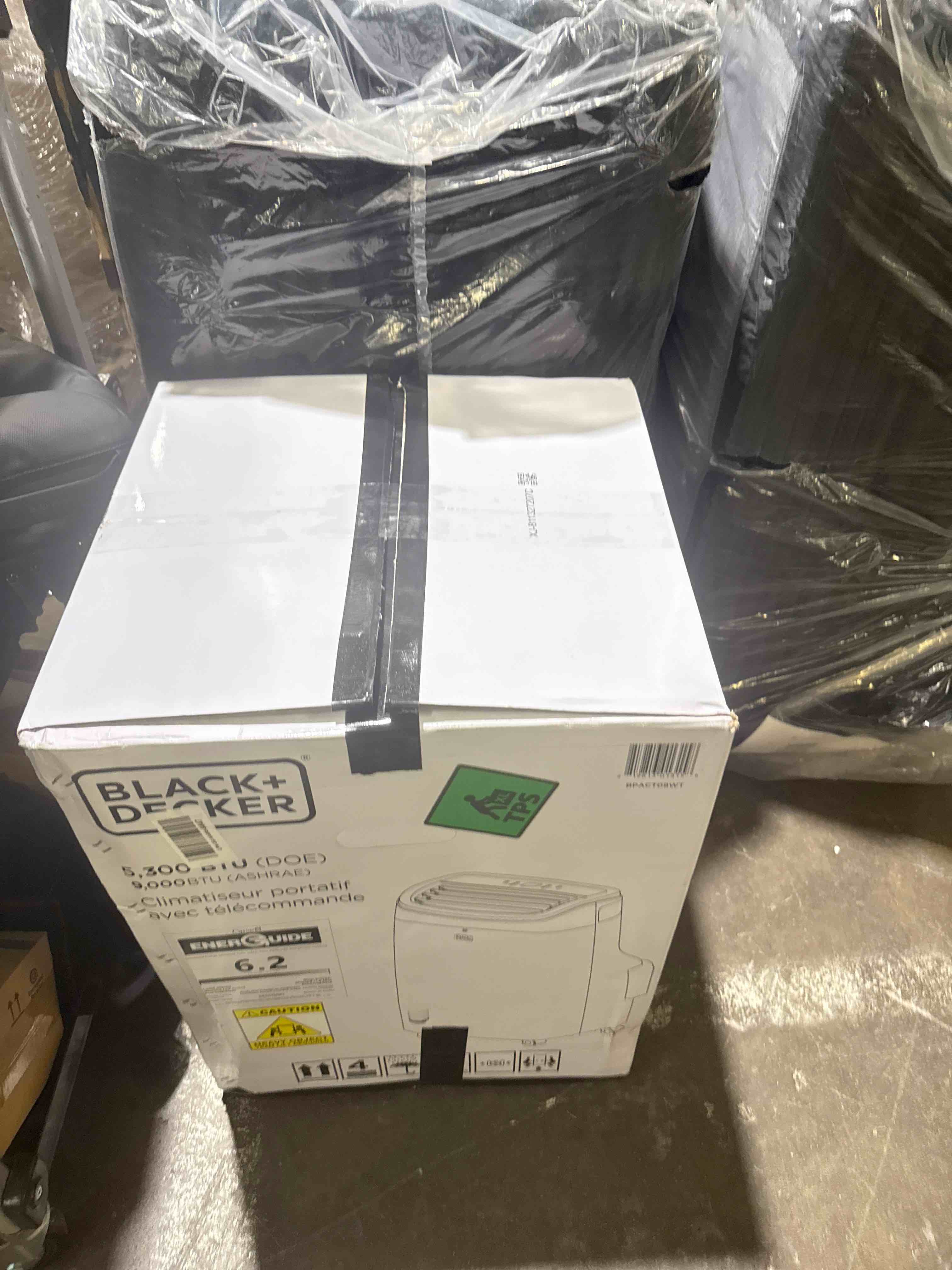 Condition photo showing As Is for black+decker portable air conditioner, 9,000 btu, bpact08wt, white | 5,300 btu sacc for rooms up to 400 sq. ft., 3-in-1 portable ac, fan and dehum with follow me remote control